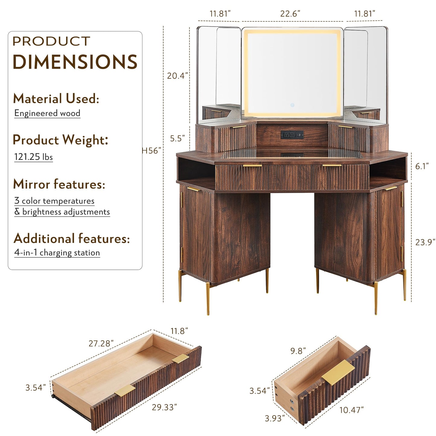 T4TREAM 48" Fluted Makeup Vanity Desk with HD Triple Mirror and Lights, Large Lighted Corner Vanity with Glass Top, Modern Dressing Table with 3 Drawers & 2 Cabinets for Bedroom, Walnut