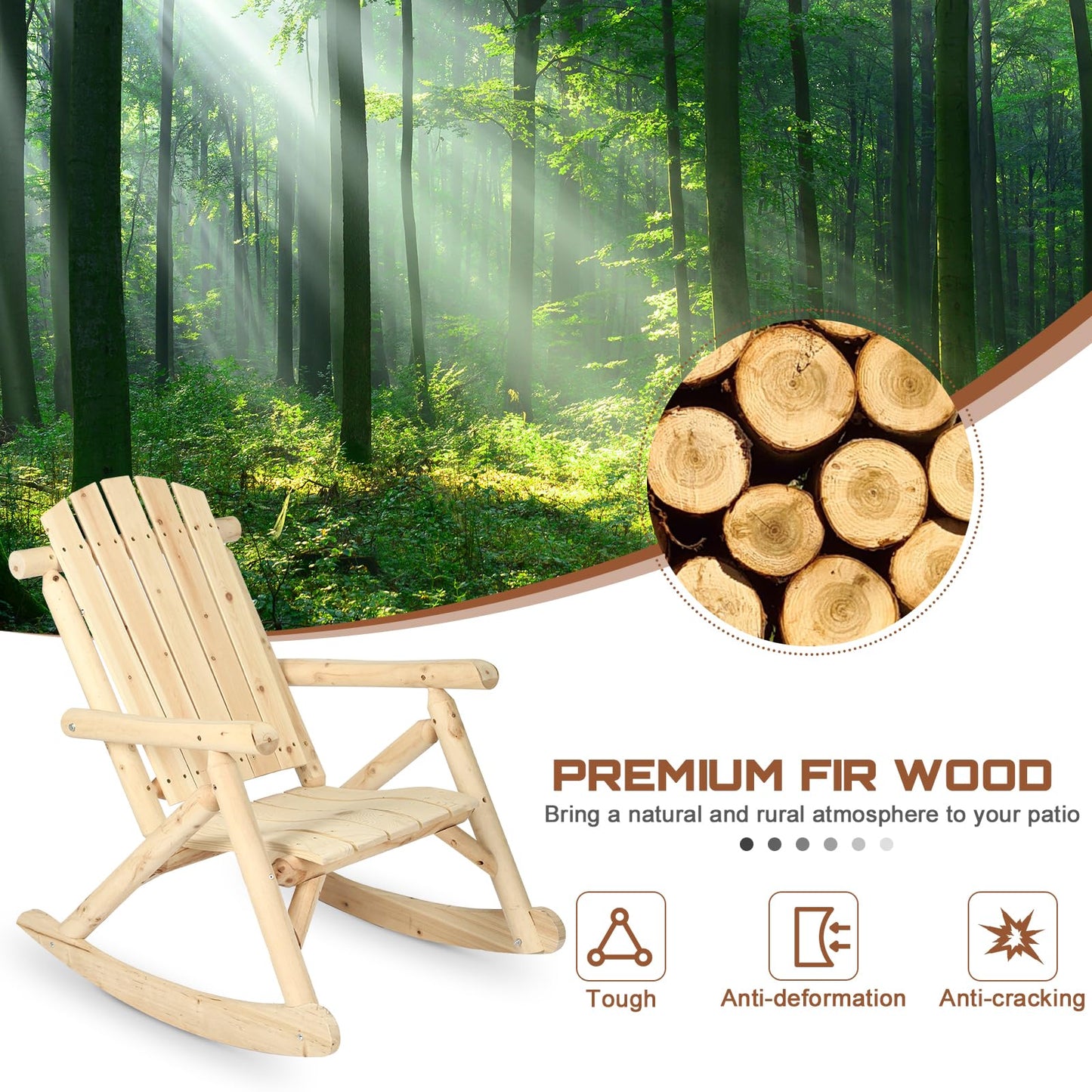 HOMEDIARY Wooden Adirondack Rocking Chair, Patio Log Rocker Outdoor Lounge Chair with Slatted Wooden Design, High Fanned Back & Classic Rustic Style for Garden Patio Backyard Porch (Set of 2, Natural)