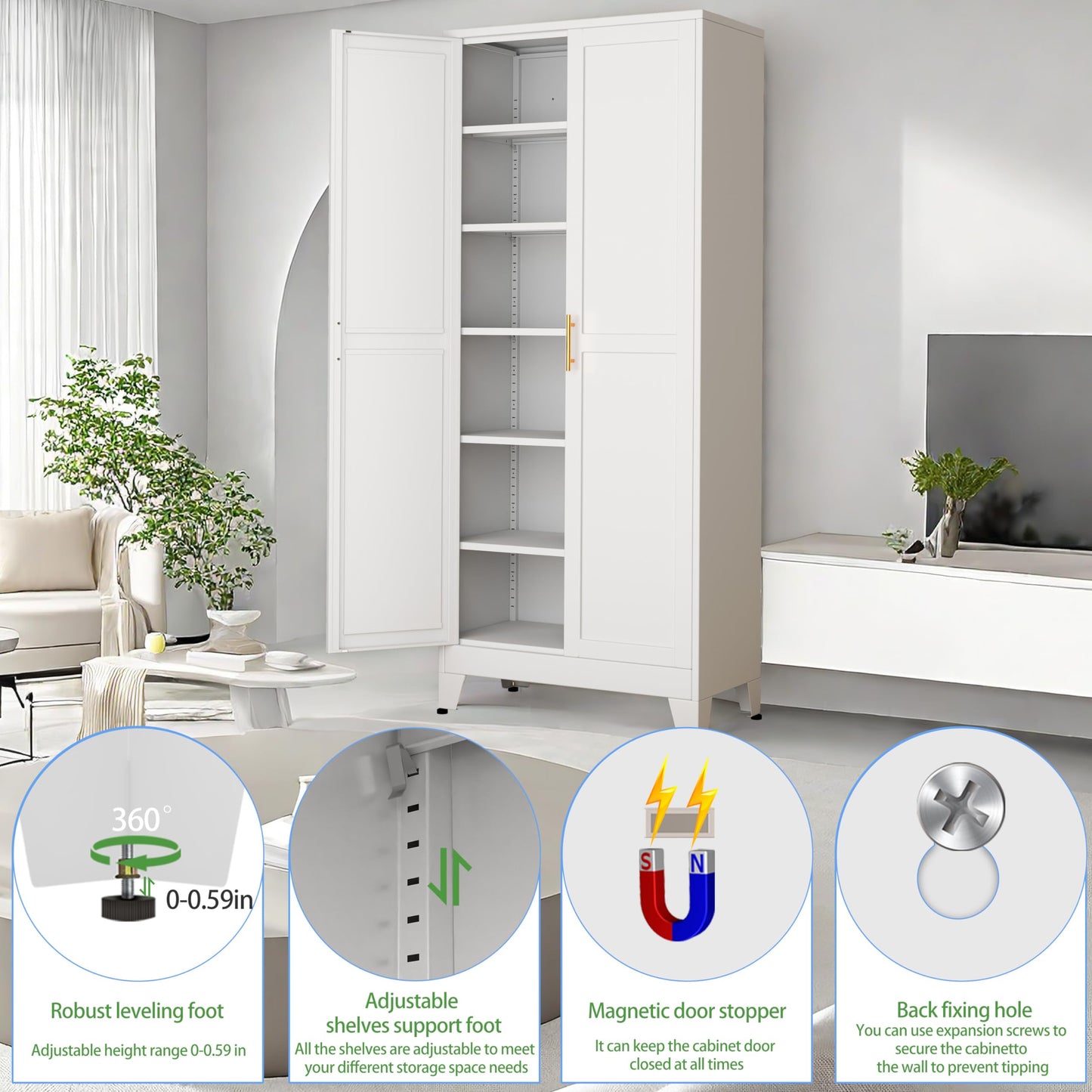 erosoei 75.2”H Metal Kitchen Pantry Storage Cabinet, Storage Cabinets with Adjustable Feet and Shelves,Food Pantries Cupboard for Kitchen, Living Room, Laundry Room and Dinning Room（White）