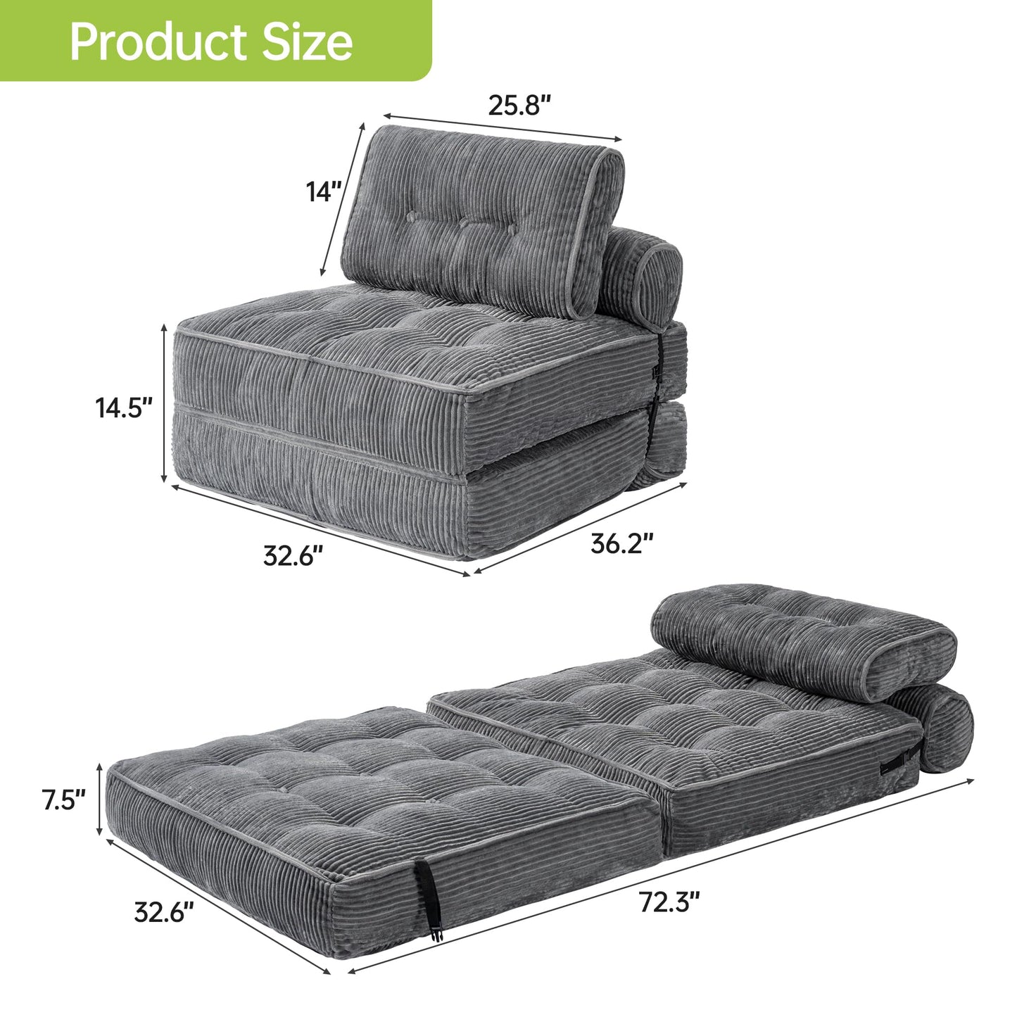 PulseFay Folding Sofa Bed, Convertible Foldable Chair Bed, Floor Couch for Adults, Comfy Floor Sofa Small Couches for Small Spaces, Gray