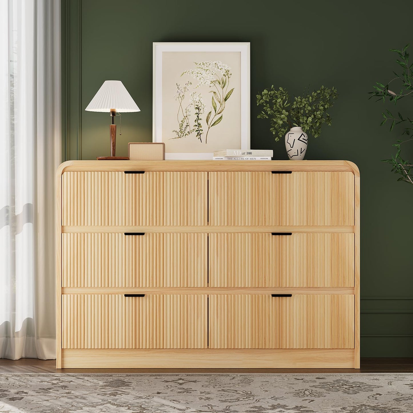 FURSUN Fluted 6 Drawers Dresser for Bedroom, 54" Wide Wooden Dresser with Metal Handle, Curved Profile Design, Modern Storage Organizer for Living Room, Hallway (Natural Oak)