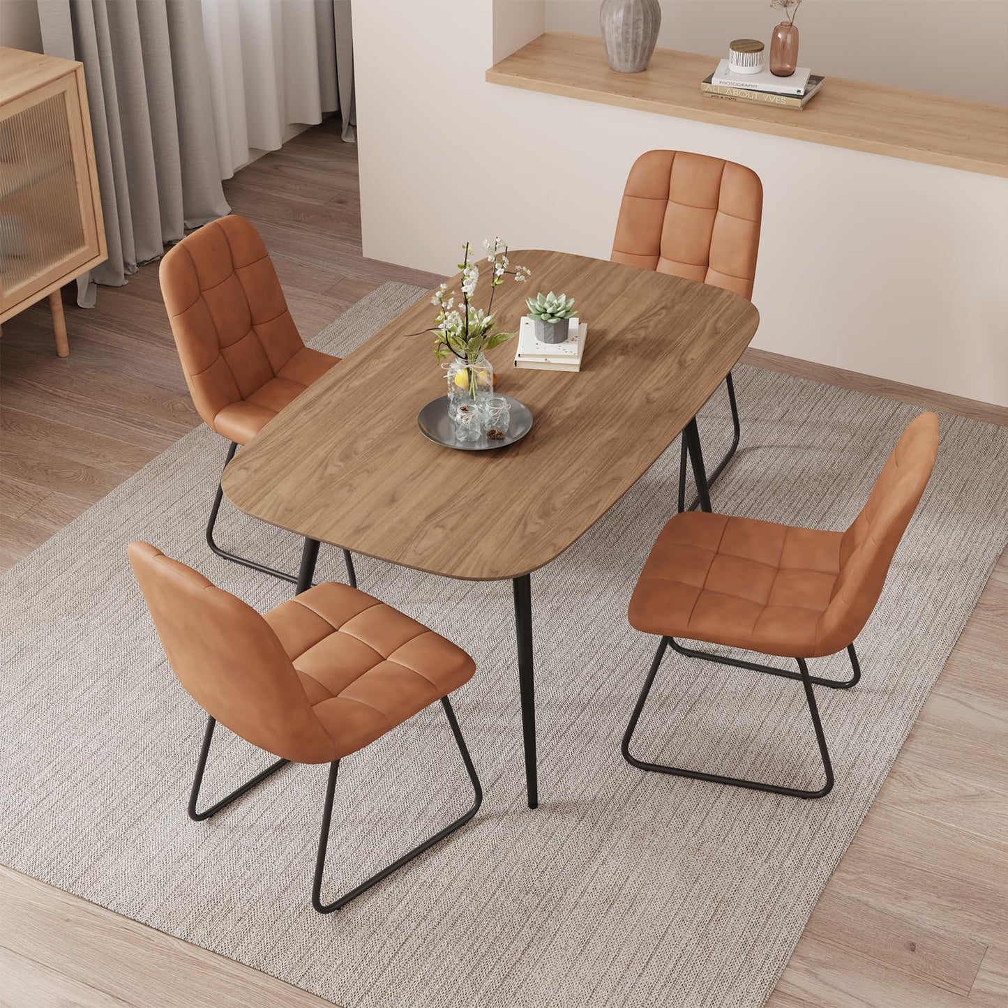HIPIHOM 47.2'' Dining Table Set for 4,Modern Wood Dining Table,Leather Dining Chairs 4,Table and Chairs Set of 4,Ideal for Kitchen Dining Room (Walnut Color Table + 4 U-Shaped Brown Chairs, 47.2")
