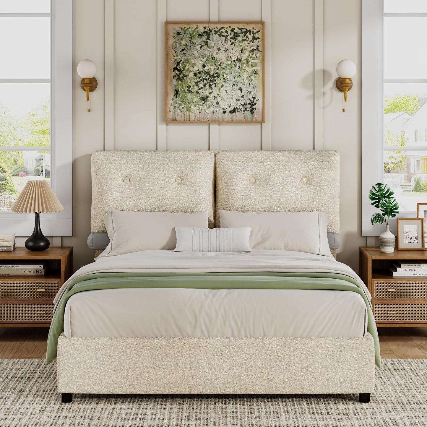 Full Size Bed Frame, Boucle Upholstered Platform Bed Frame with Soft Headboard, Sofa-Style Cushions, Wooden Slats Support, Low Profile Bed Frame, No Box Spring Needed, Easy Assembly, Cream