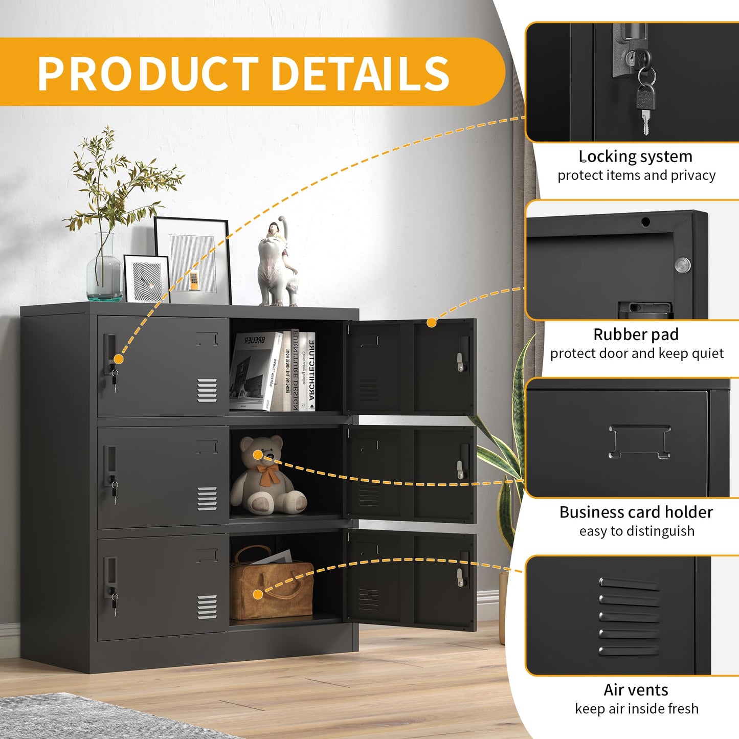 VIYET Employee Storage Locker,6 Door Storage Locker,Metal Locker for Employees Office Steel Gym Lockers with Card Slot,Office Storage Lockers for Home,School(Black)