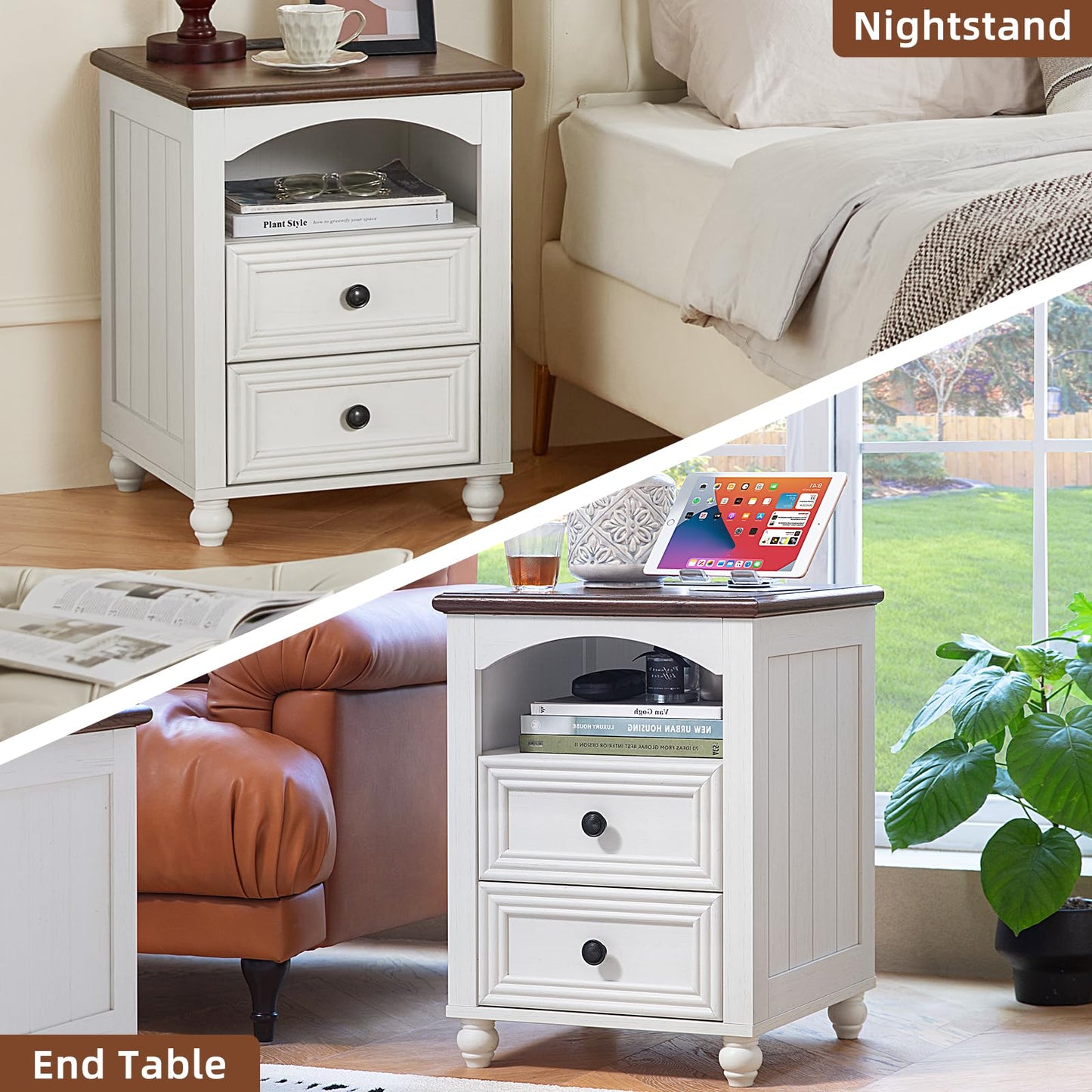 RWYHG 18" Farmhouse Night Stand with Charging Station, White Wood Nightstand with 2 Drawers, Bedside End Table with Shelf Storage, Bed Side Tables Cabinet for Bedroom, Living Room, and Closet