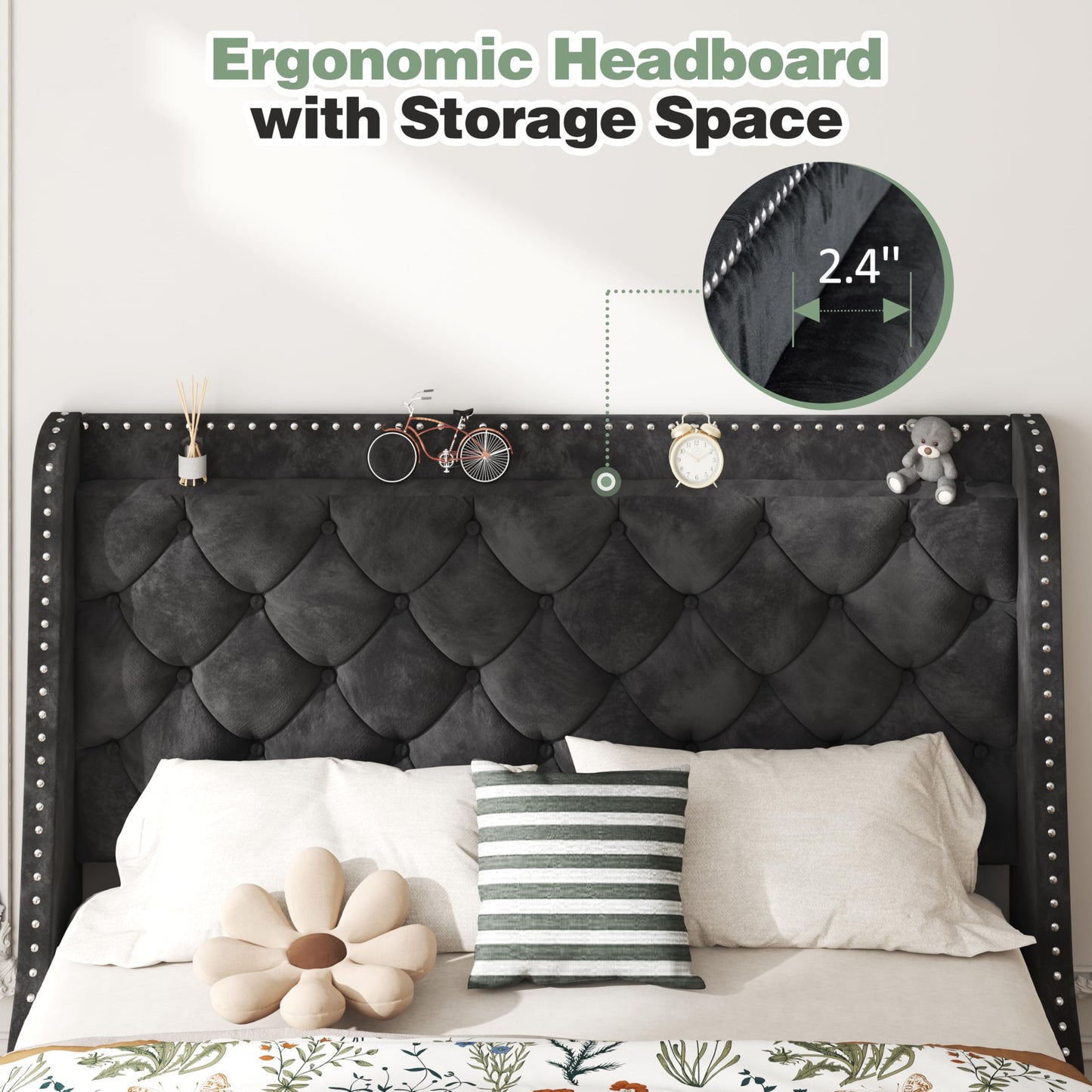 SUNLEI Queen Size Bed Frame with Diamond Tufted Headboard and Storage, Upholstered Platform Bed Frame Queen with 2 Large Wingbacks, Sturdy Wooden Slats Support, Easy Assembly, Velvet Black