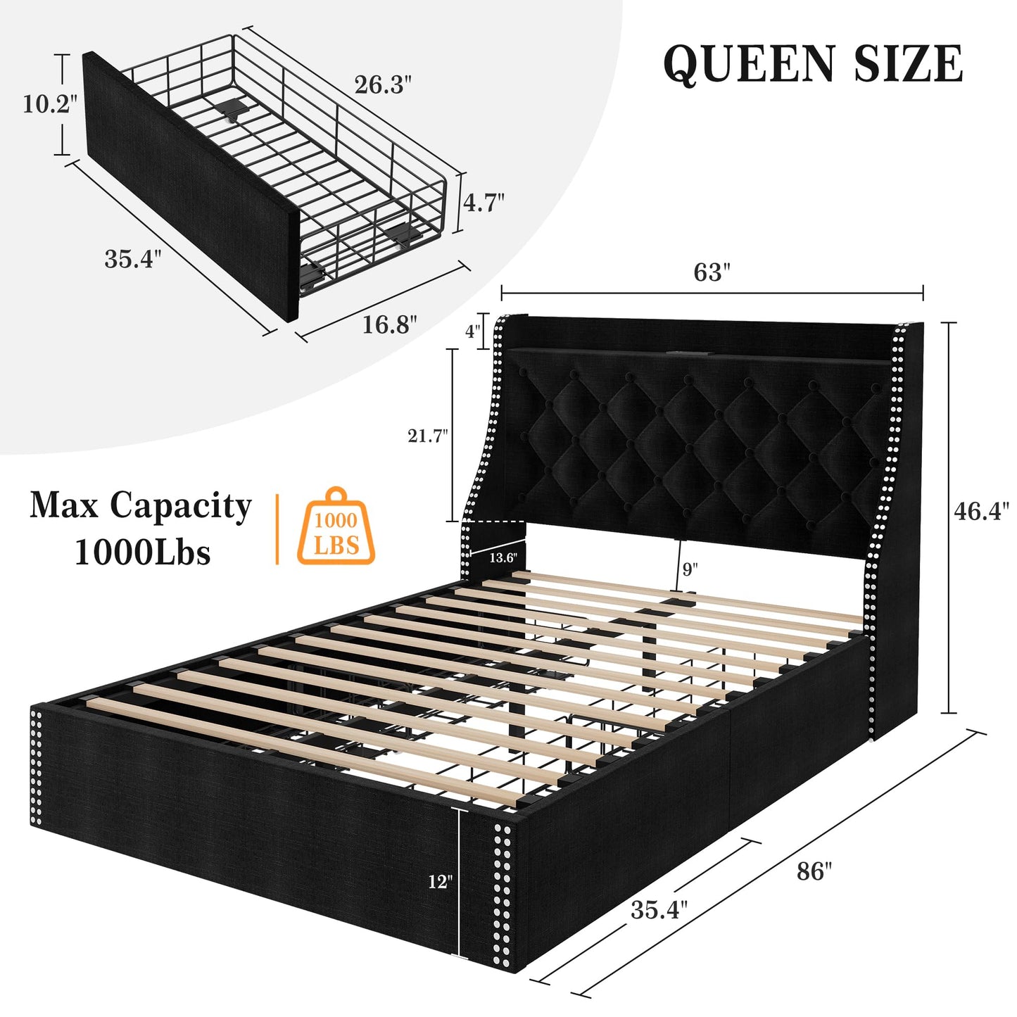 Reljofum Upholstered Queen Bed Frame with 4 Storage Drawers，Wingback Headboard with Charging Station, Diamond Stitched Button Tufted Design, No Box Spring Needed, Black