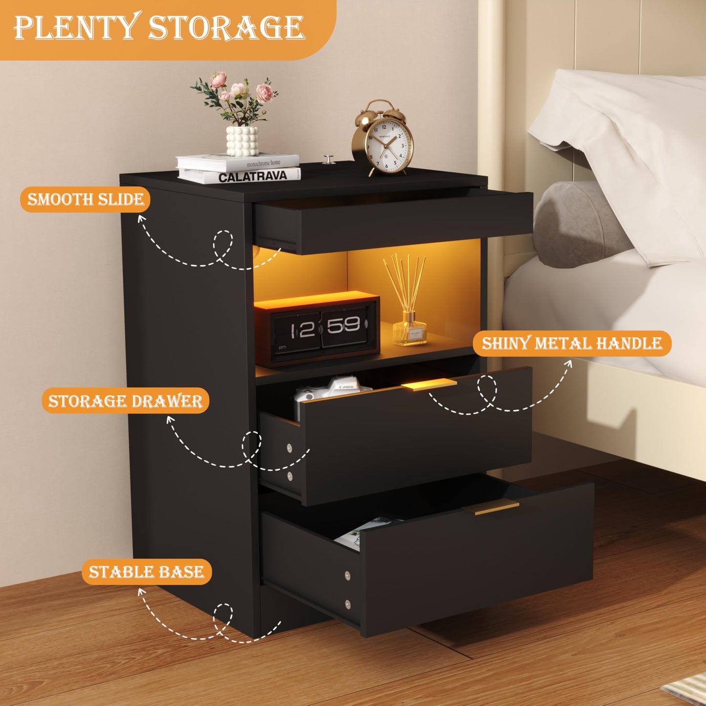 Yusong Night Stand with Gun Drawer & Invisible Lock, Bedside Table, LED Nightstand with Charging Station, Modern Night Stand, Wood Sofa Couch End Side Table with 2 Pull-Out Shelf, Black
