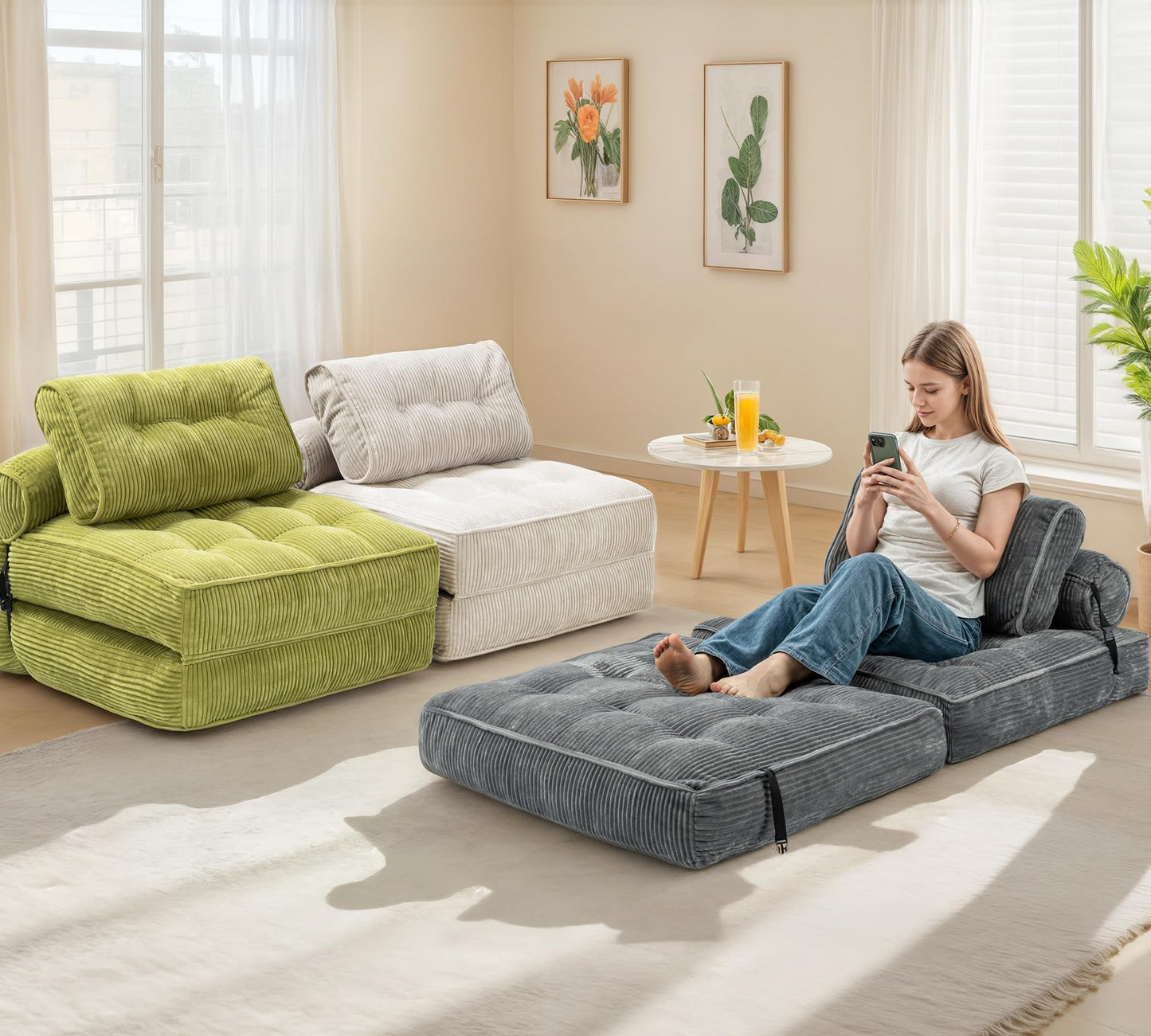 PulseFay Folding Sofa Bed, Convertible Foldable Chair Bed, Floor Couch for Adults, Comfy Floor Sofa Small Couches for Small Spaces, Gray