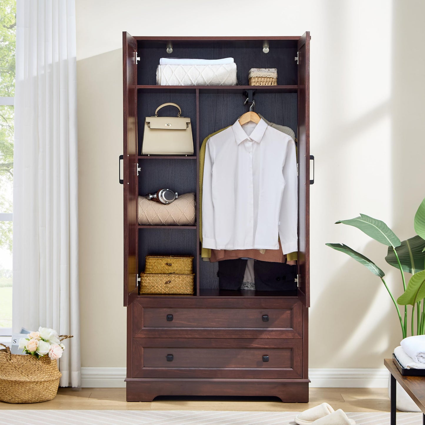 SOOWERY Dresser for Bedroom, Farmhouse Dresser with 2 Wooden Drawers and Storage Cabinets, 71 Inches Tall Chest of Drawers for Bedroom, Living Room, Hallway, Dark Cherry