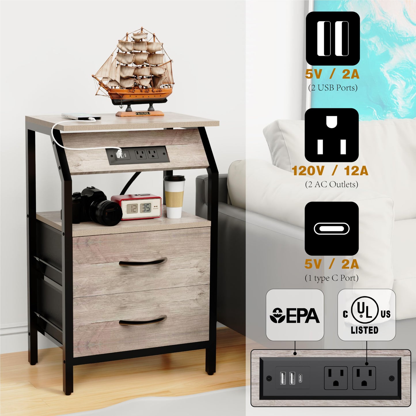 Storage End Table, Charging Nightstand with 2 Drawers, Small Fabric Dresser for Bedside, Wood and Metal Side Table for Living Room, Dorm, Grey Oak