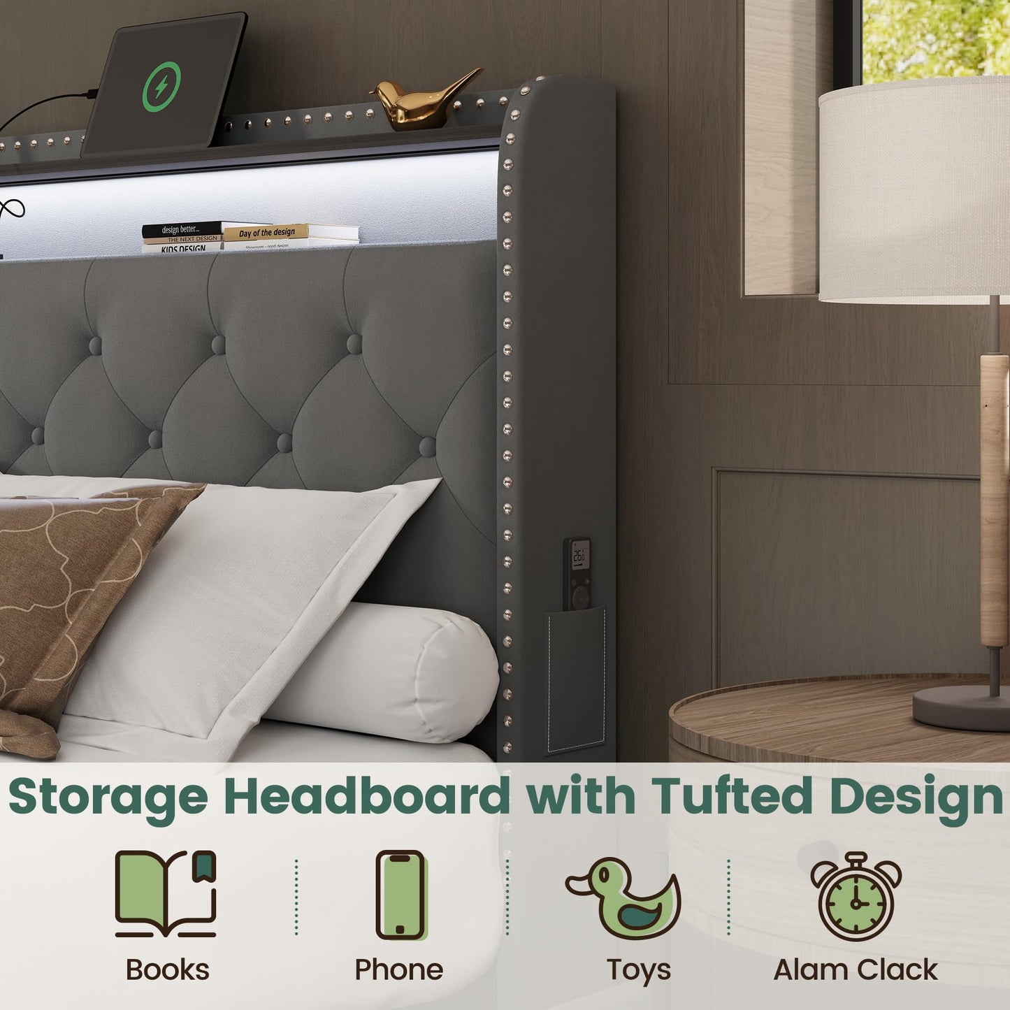 LARMACE King Bed Frame with 4 Storage Drawers and USB Charging Station Velvet Tufed Upholstered Platform Bed Frame with Headboard LED Light, Heavy Duty Platform/Noise Free, Easy Assembly, Grey