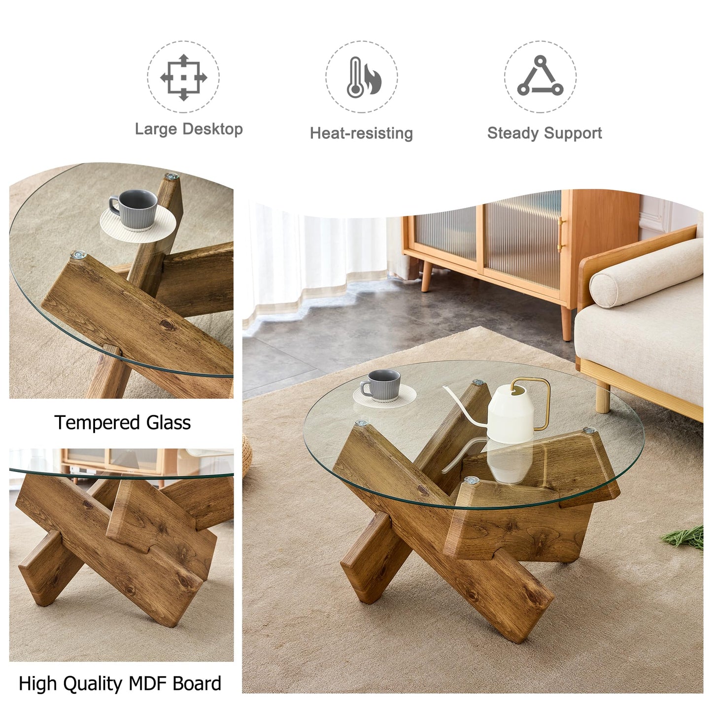 Natural Round Glass Coffee Table,33-Inch Small Modern for Living Room Clear Circle Accent Table Adapts to Farmhouse and Contemporary Decor