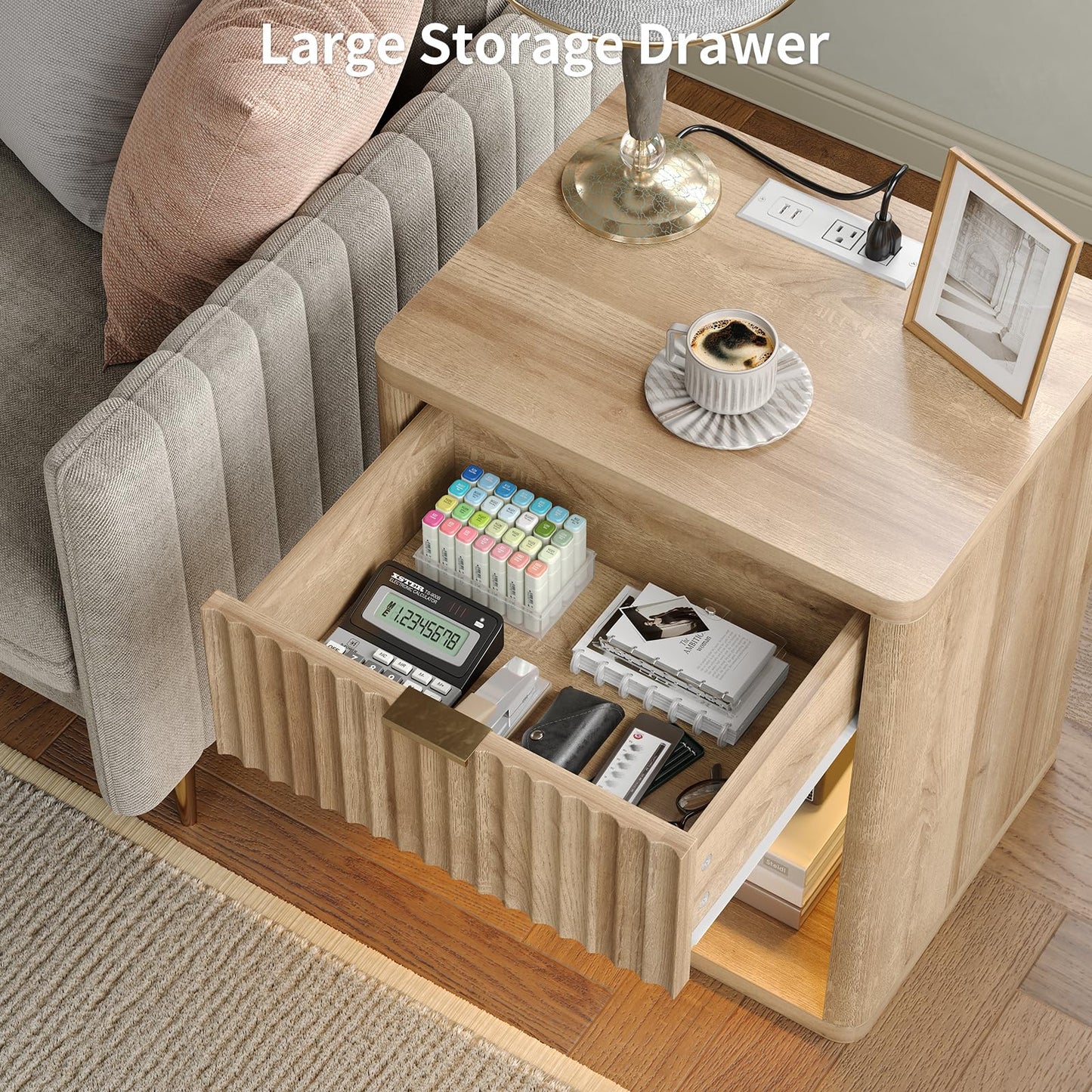 Night Stand Nightstand with Drawer Storage Bed Side Table End Table Large Modern Wood Wide Bedside Stand Mid Century Night Stands for Bedroom Living Room Sofa Couch Home Office, Oak