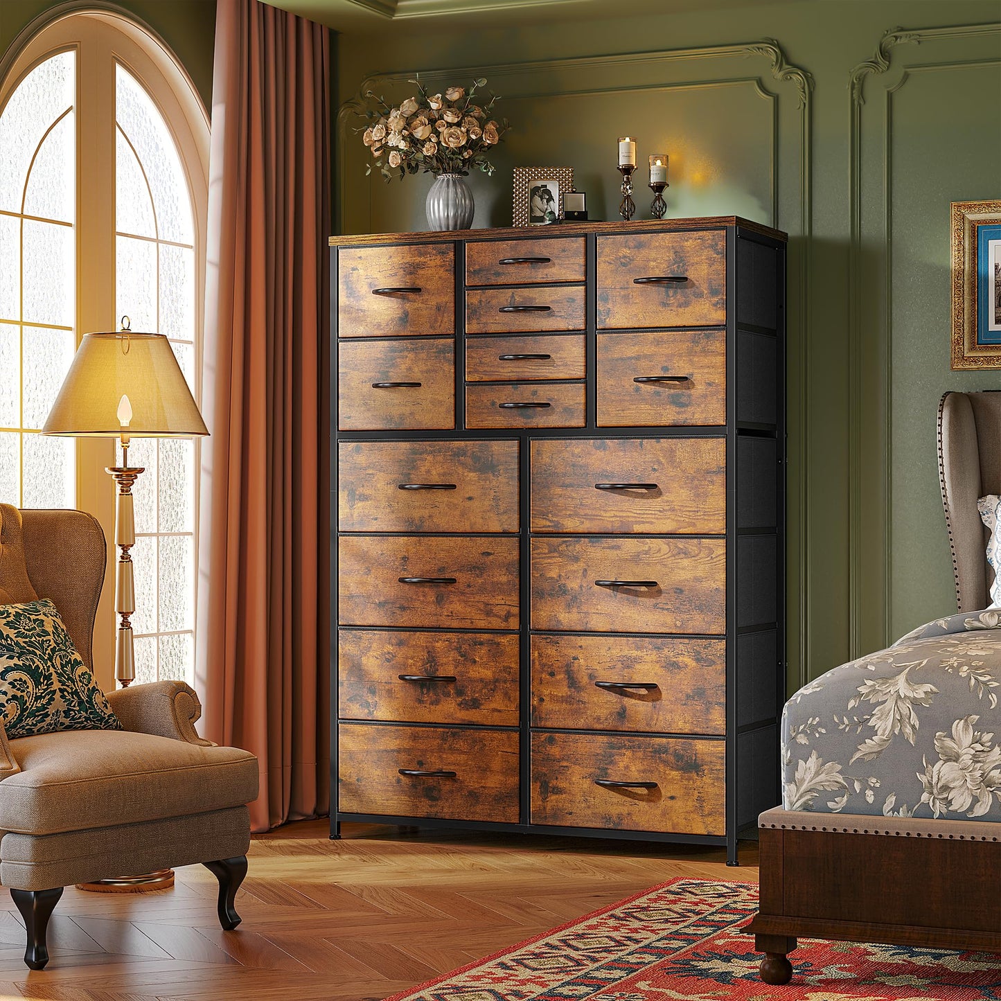 Romorgniz 57“H Tall Dresser for Bedroom with 16 Drawers,Fabric Dressers & chests of Drawers for Bedroom,Large Dresser for Closet,Sturdy Metal Frame & Wood Top,Entryway, Hallway(Rustic Brown)