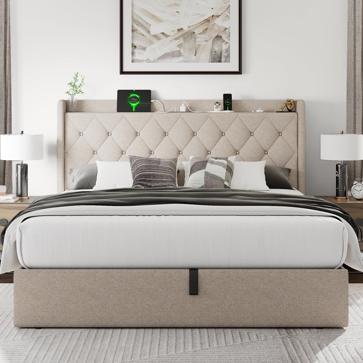 Einhomn Full Lift Up Storage Bed Frame with Charging Station, Upholstered Bed Frame with Storage, No Box Spring Needed, Noise-Free, Hydraulic Storage, Easy Assembly, Beige