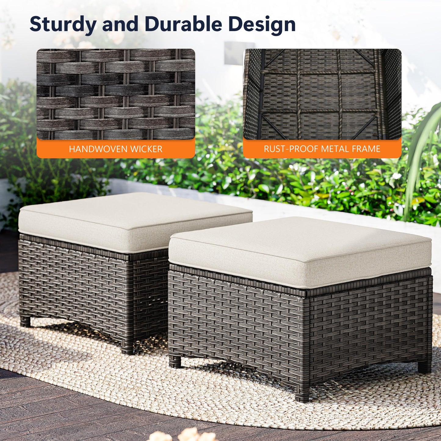 MaxMulti 2 Pieces Patio Ottomans, Outdoor Wicker Footrest Seat with Removable Cushions, Multipurpose Patio Furniture for Outdoor, Backyard and Deck Use (Beige)