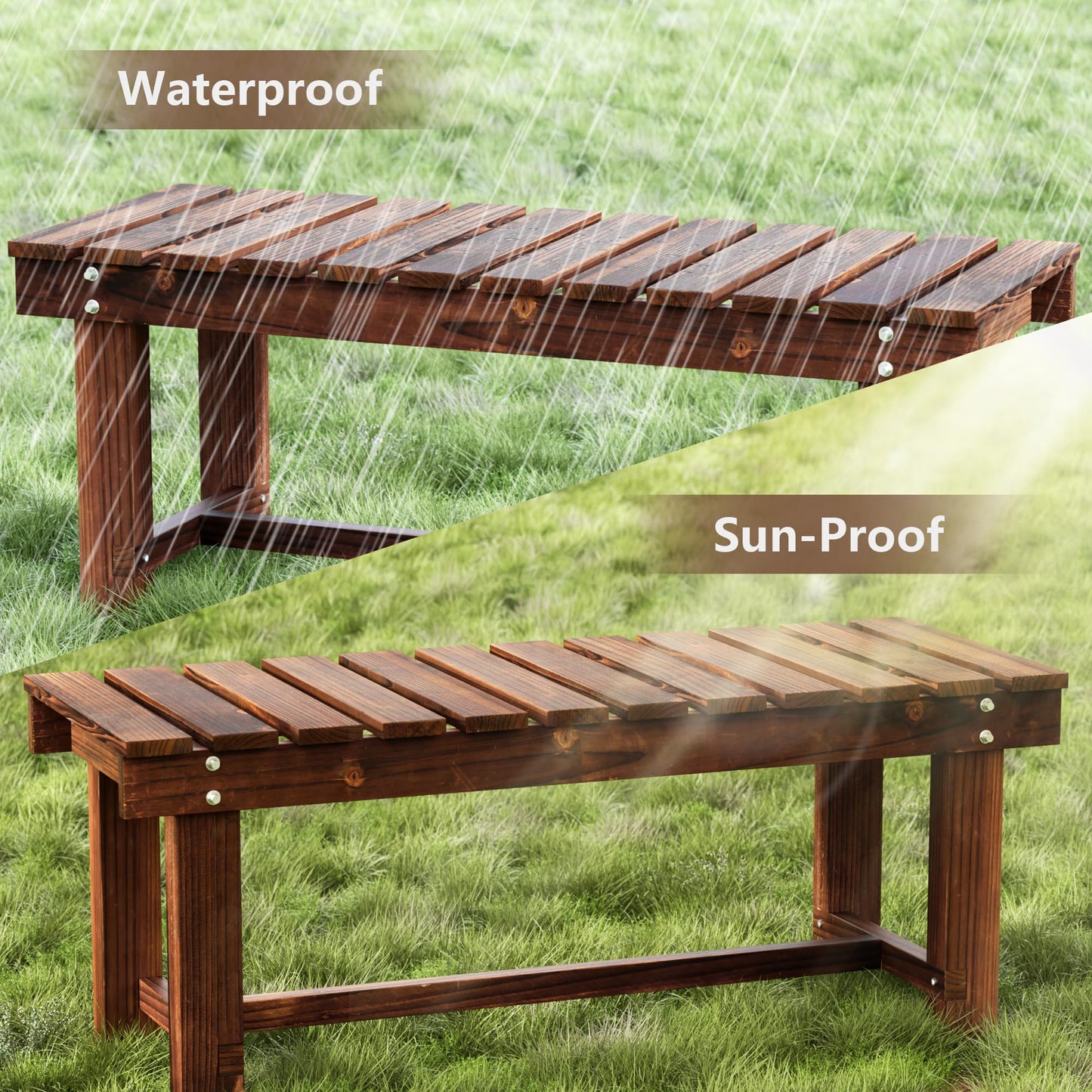 Outdoor Garden Bench, Weatherproof Patio Benches 2-Person Seat Backless Wooden Porch Bench, Multifunctional Slat All Weather Bench for Garden Lawn Porch Park Backyard (Carbonized Brown, 35.5 inch)