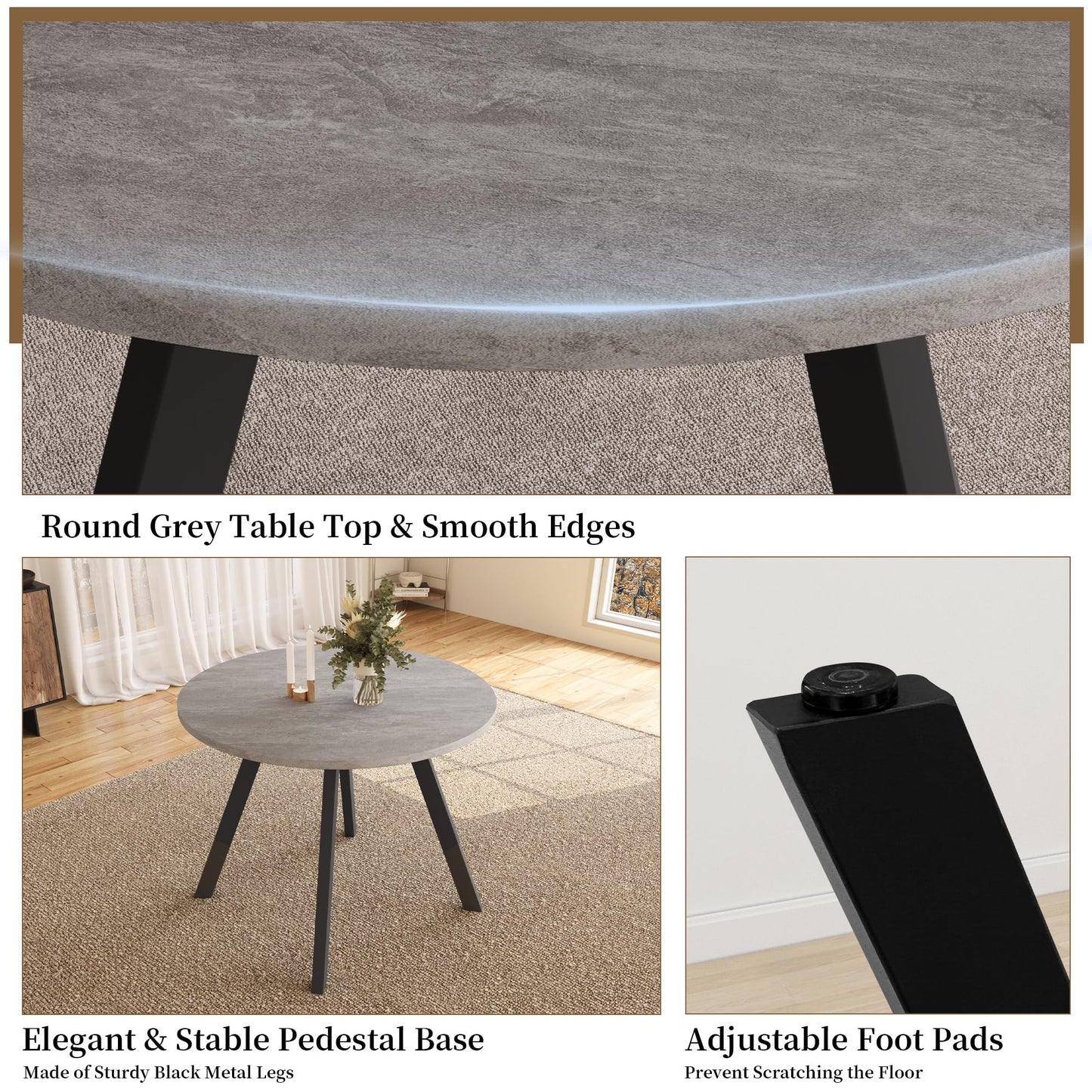 Zerifevni 34.6'' Dining Table and Chairs for 4, Mid Century Modern Round Table Set, Space Saving for Apartment Kitchen Dining Room (Grey Table+4 U-Shaped White Chairs)