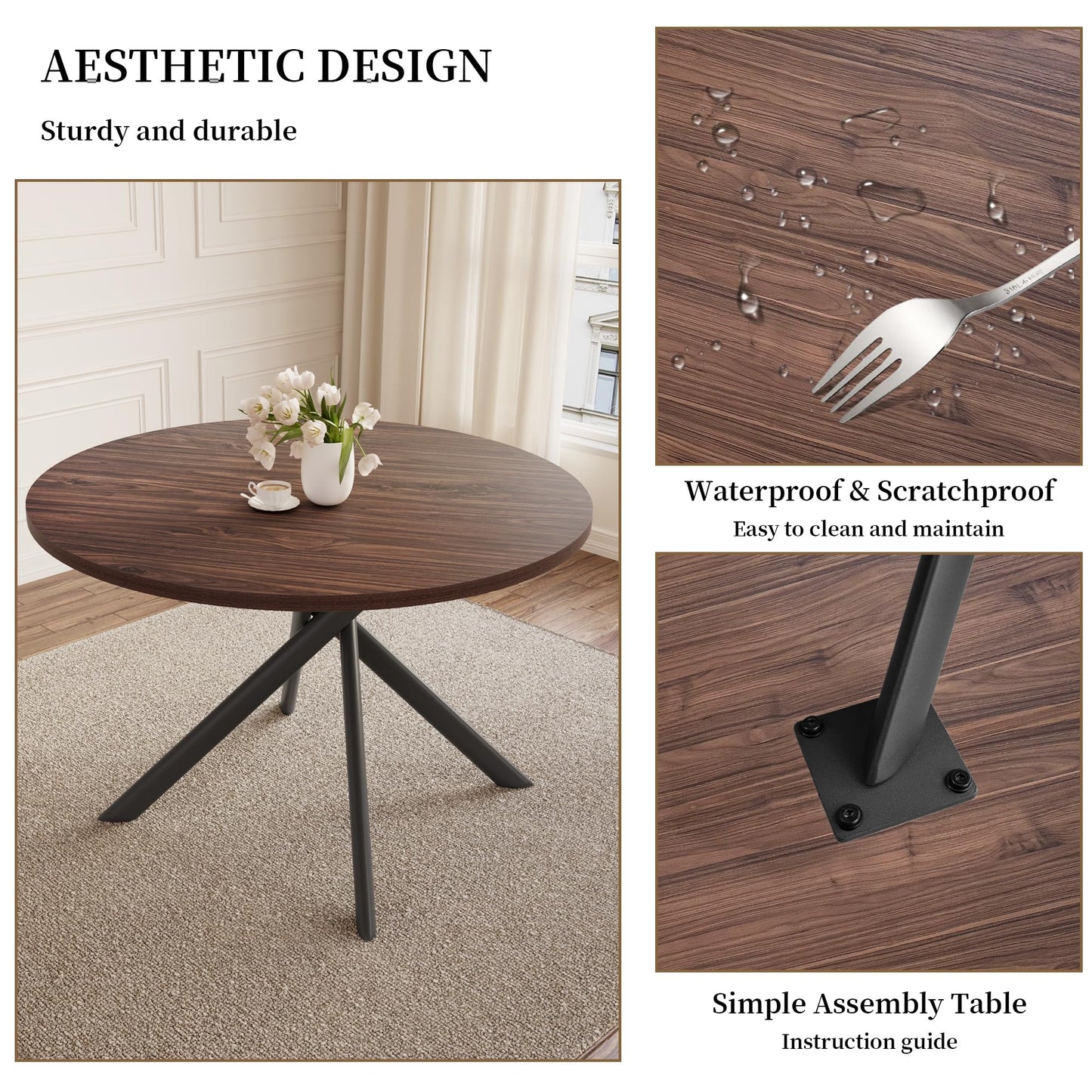 HIPIHOM 45.3 Inch Round Dining Table Set for 4, Mid Century Modern Small Coffee Set for Dining Room Kitchen Apartment (Walnut Table + 4 U-Shaped White Chairs)