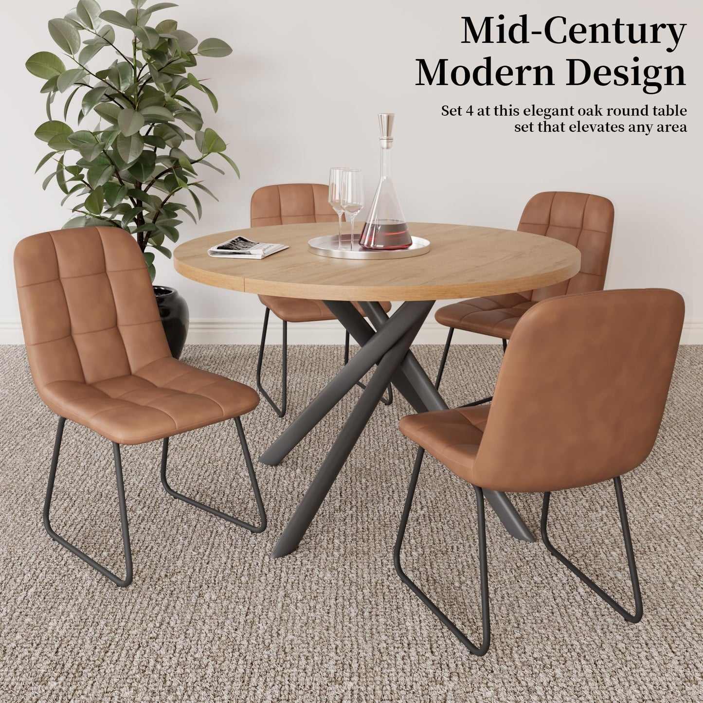 HIPIHOM 45.3 Inch Round Dining Table Set for 4, Mid Century Modern Small Kitchen Coffee Set for Dining Room Kitchen Apartment (Oak Table + 4 U-Shaped Brown Chairs)