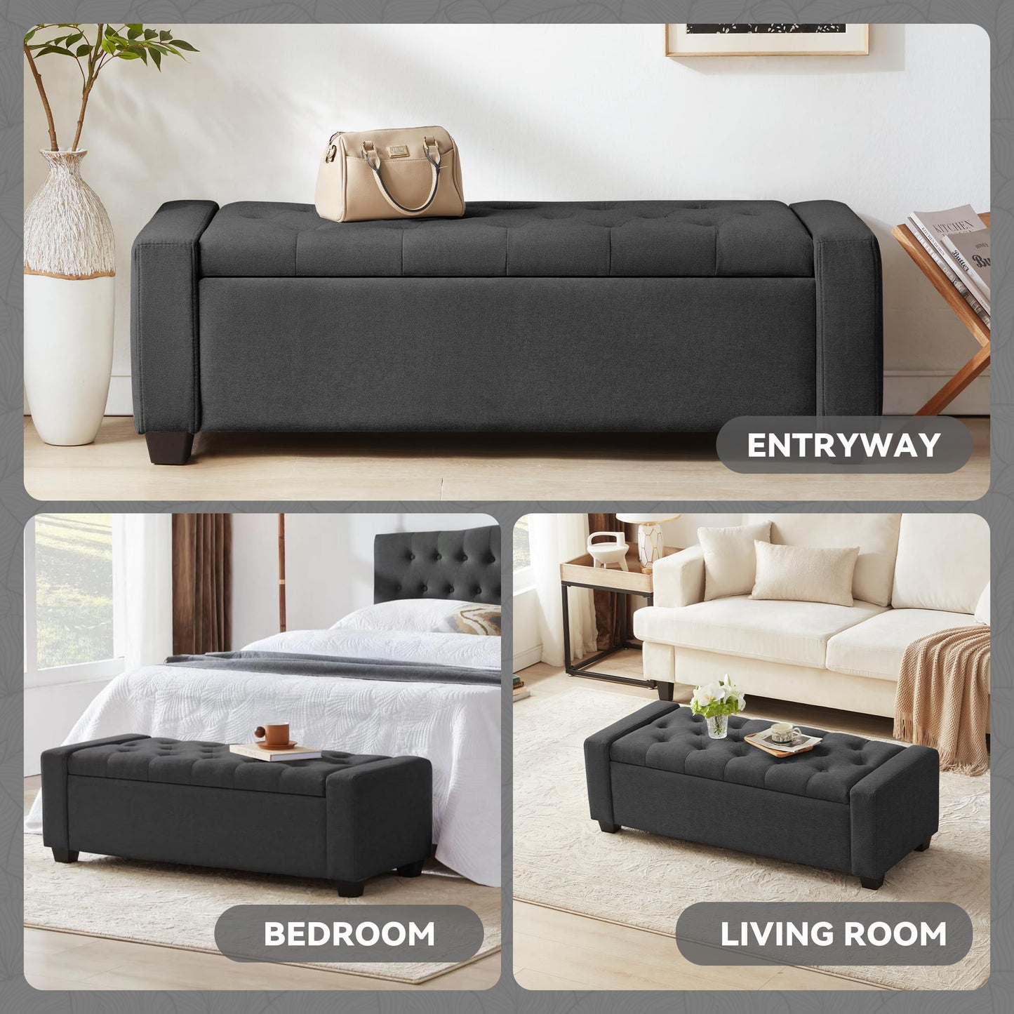 Mangodan 48" Ottoman with Storage, Soft Storage Ottoman Bench for Bedroom, Tufted Upholstered Window Benches, End of Bed Bench for Living Room, Entryway Bench with Seating, Foot Rest, Darkgrey