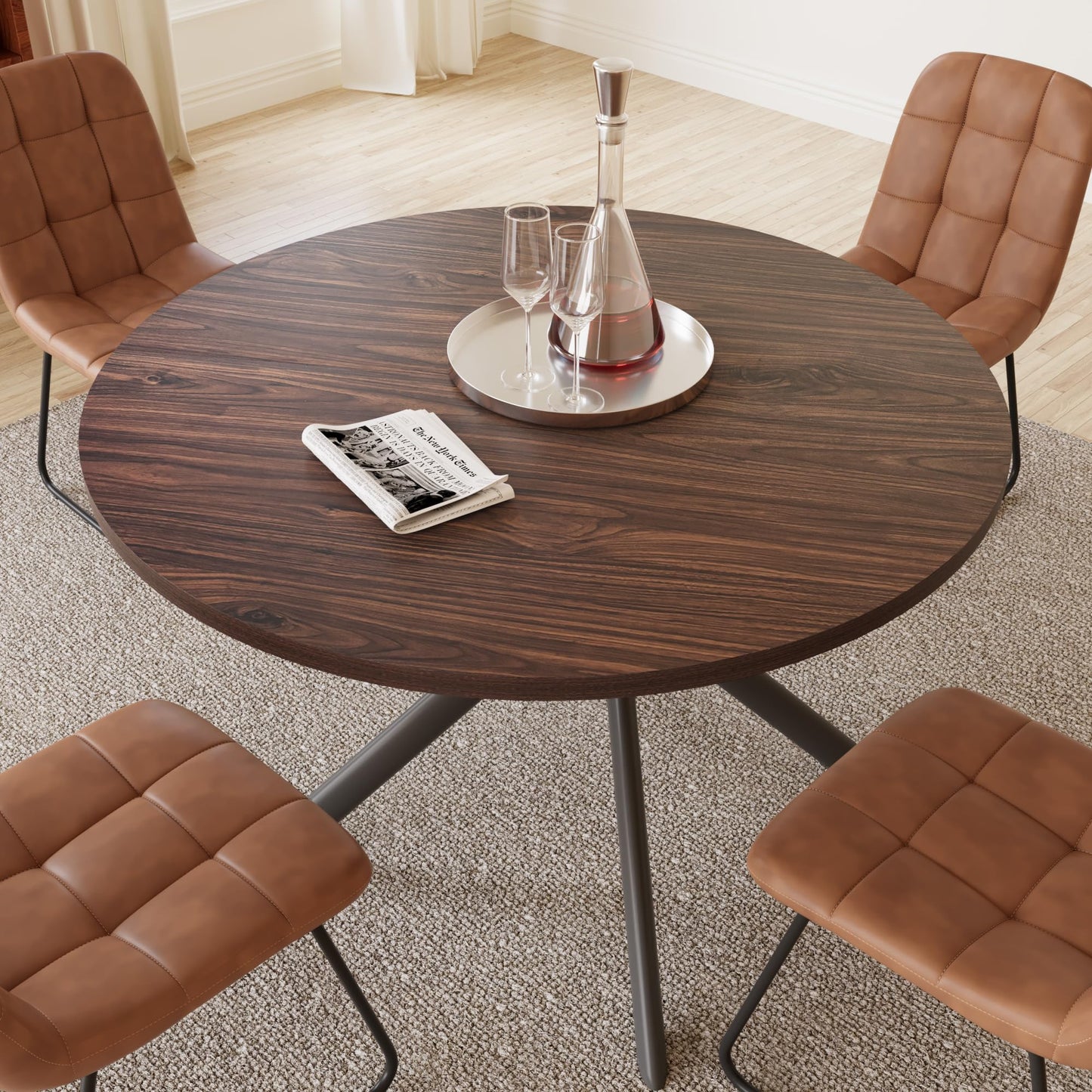 HIPIHOM 45.3 Inch Round Dining Table Set for 4, Mid Century Modern Small Coffee Set for Dining Room Kitchen Apartment (Walnut Table + 4 U-Shaped Brown Chairs)