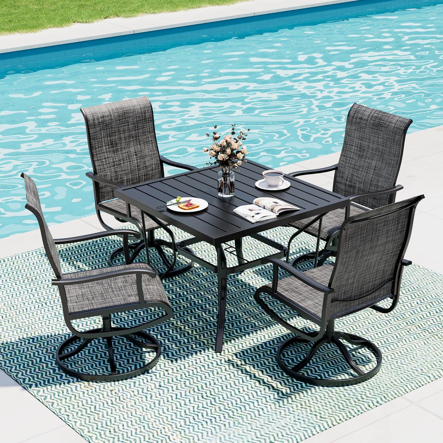 Pamapic 5-Piece Outdoor Dining Set, Patio Dining Set for 4, Outdoor Table and Chairs, All-Weather Outdoor Patio Set with Textilene Swivel Chairs for Garden, Poolside, Deck，Gray
