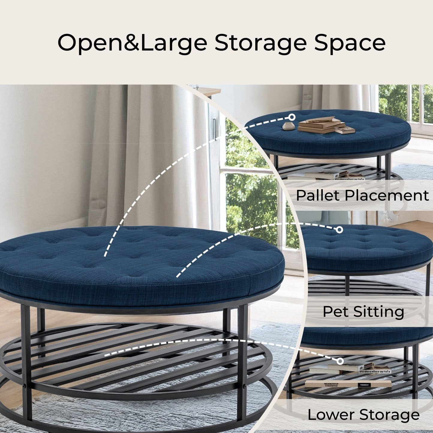 BARNUT Ottoman Coffee Tables, 36" Round Upholstered Tufted Linen Coffee Table with Metal Shelf for Living Room, Performance Fabric in Navy