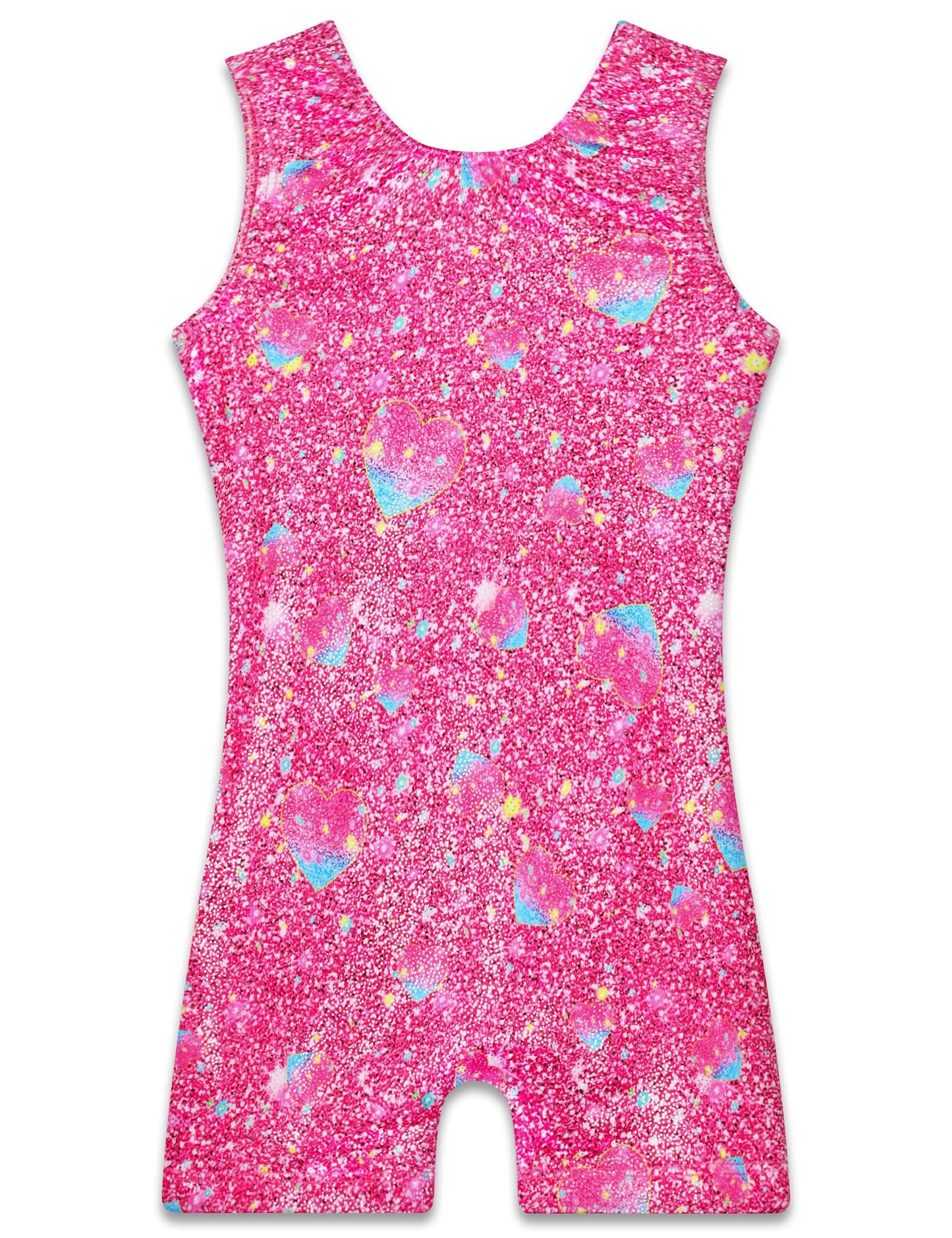 TENVDA Girls Leotards for Gymnastics Size 6 7 Years Old Sparkle Pink Hearts Pattern One-Piece Tank Tumbling Biketards Unitard