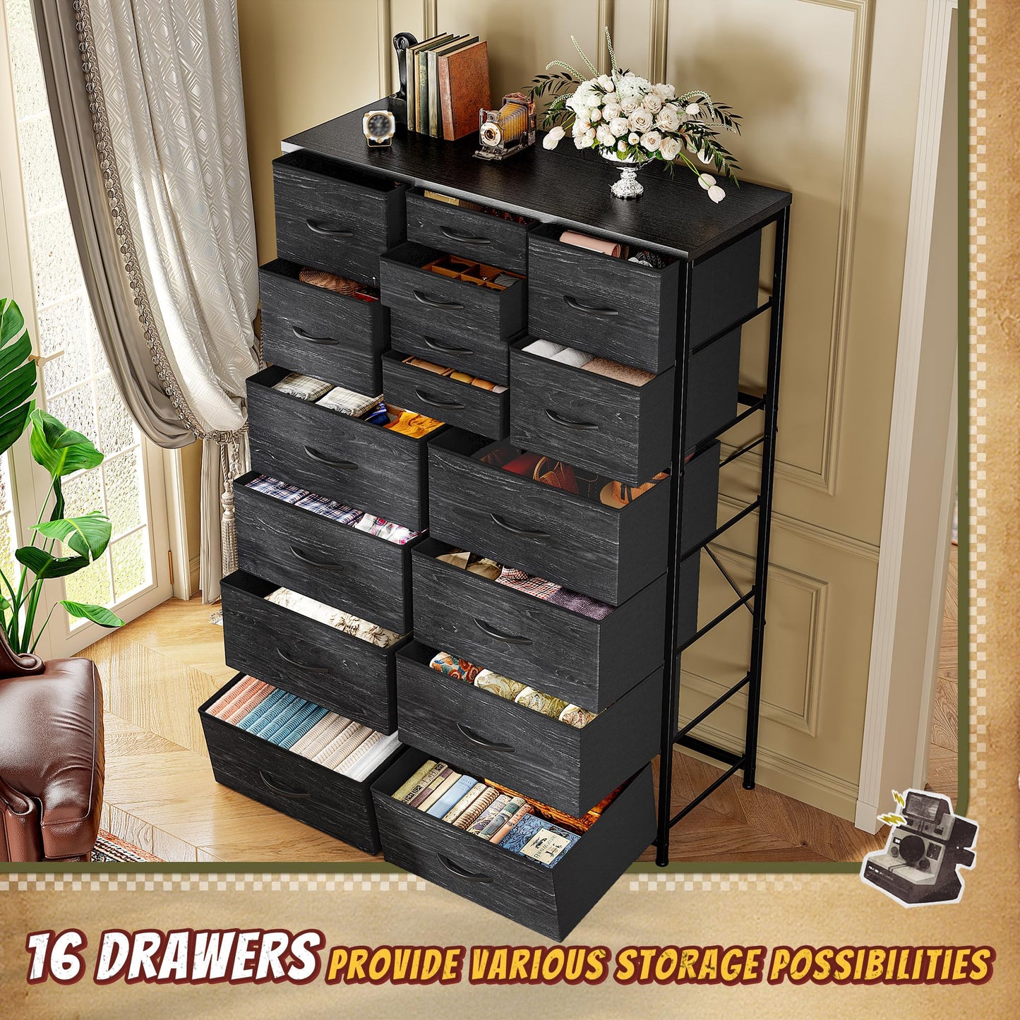 Romorgniz 57“H Tall Dresser for Bedroom with 16 Drawers,Fabric Dressers & chests of Drawers for Closet,Large Black Dresser with Sturdy Metal Frame, Wood Top,Entryway, Hallway