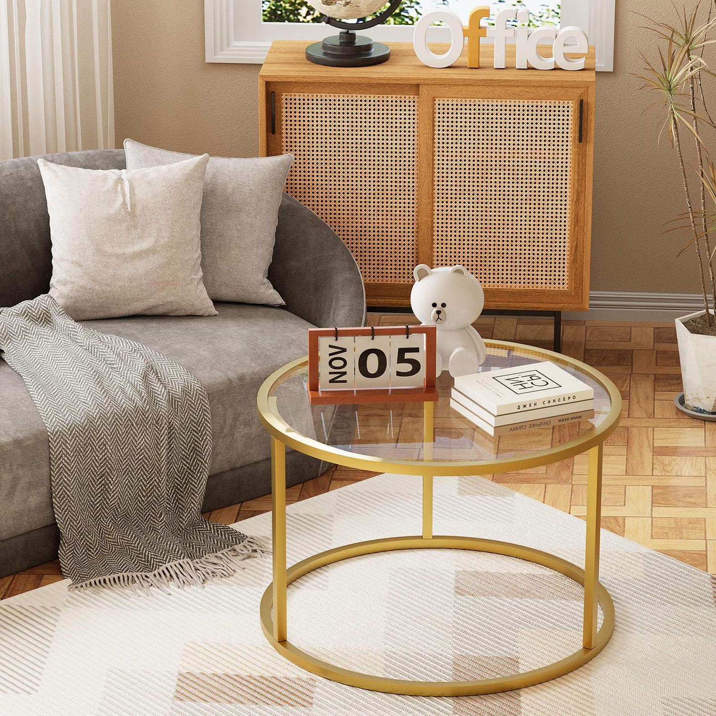 Round Glass Coffee Table,Small Living Room Table for Small Space,Modern Center Table with Glass Top Clear & Sturdy Metal Frame for for Living Room Home Office, Easy Assembly,27 x 27 x 17 Inch,Gold