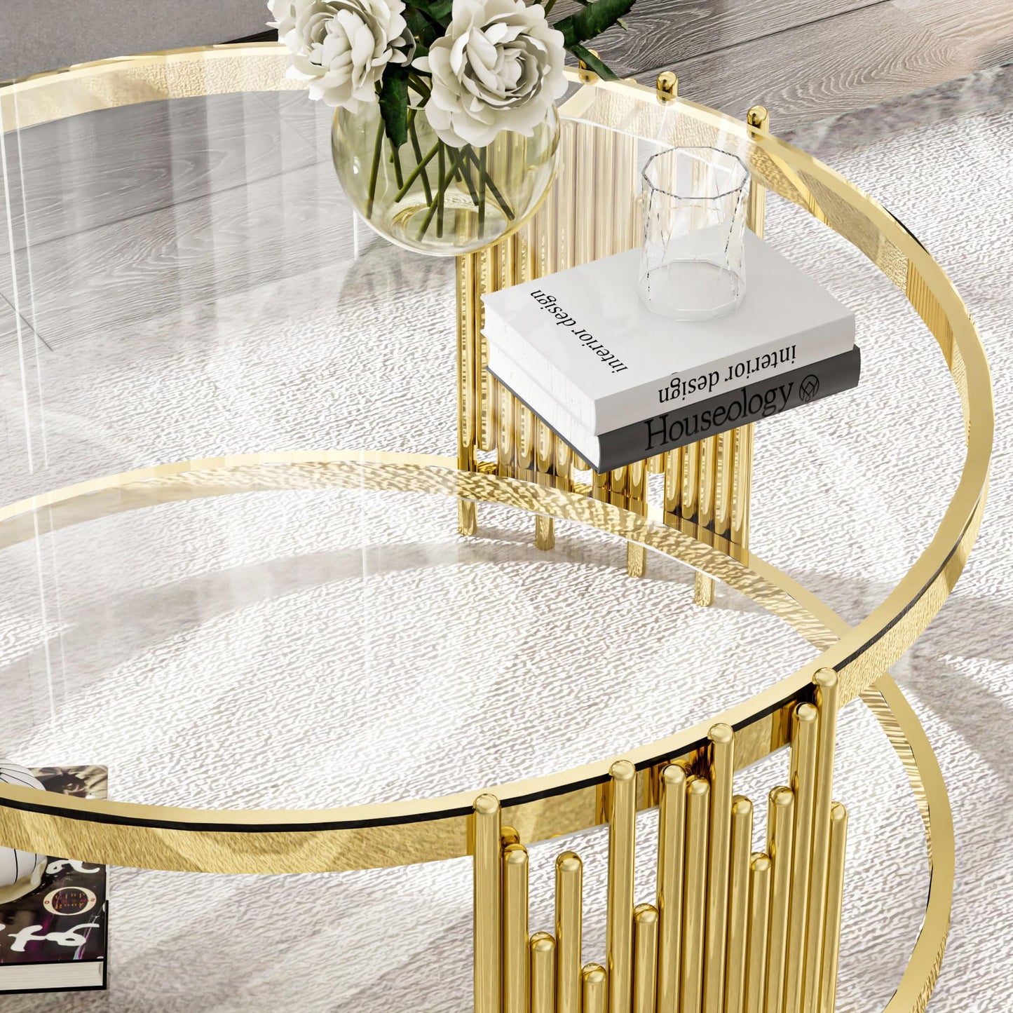 Glass Coffee Table Round Modern Living Room Table, Gold Stainless Steel Metal Leg Clear Tempered Glass, Sofa Center Tables Furniture for Home Office, Gold