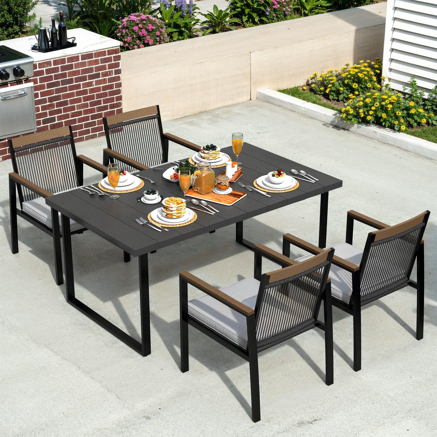 YOEEMZ 5-Piece Patio Dining Table and Chair Sets, Outdoor Metal Dining Furniture Set with Umbrella Hole, Wood Grain Tabletop, 4 Rope Patio Chairs with Faux Wood Armrest & Cushions for Backyard, Deck