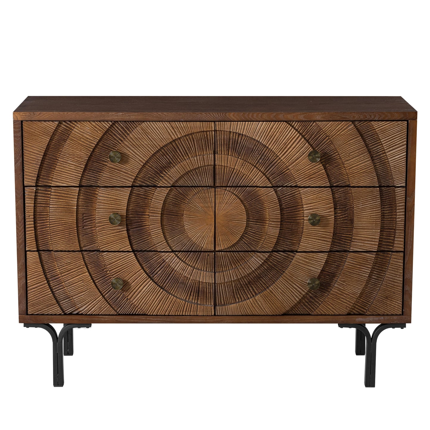 Aoikax Farmhouse 6-Drawer Dresser, Accent Wooden Chest of Drawers with Circle Pattern and Radioactive Wood Lines,Accent Storage Dresser for Living Room, Bedroom, Brown