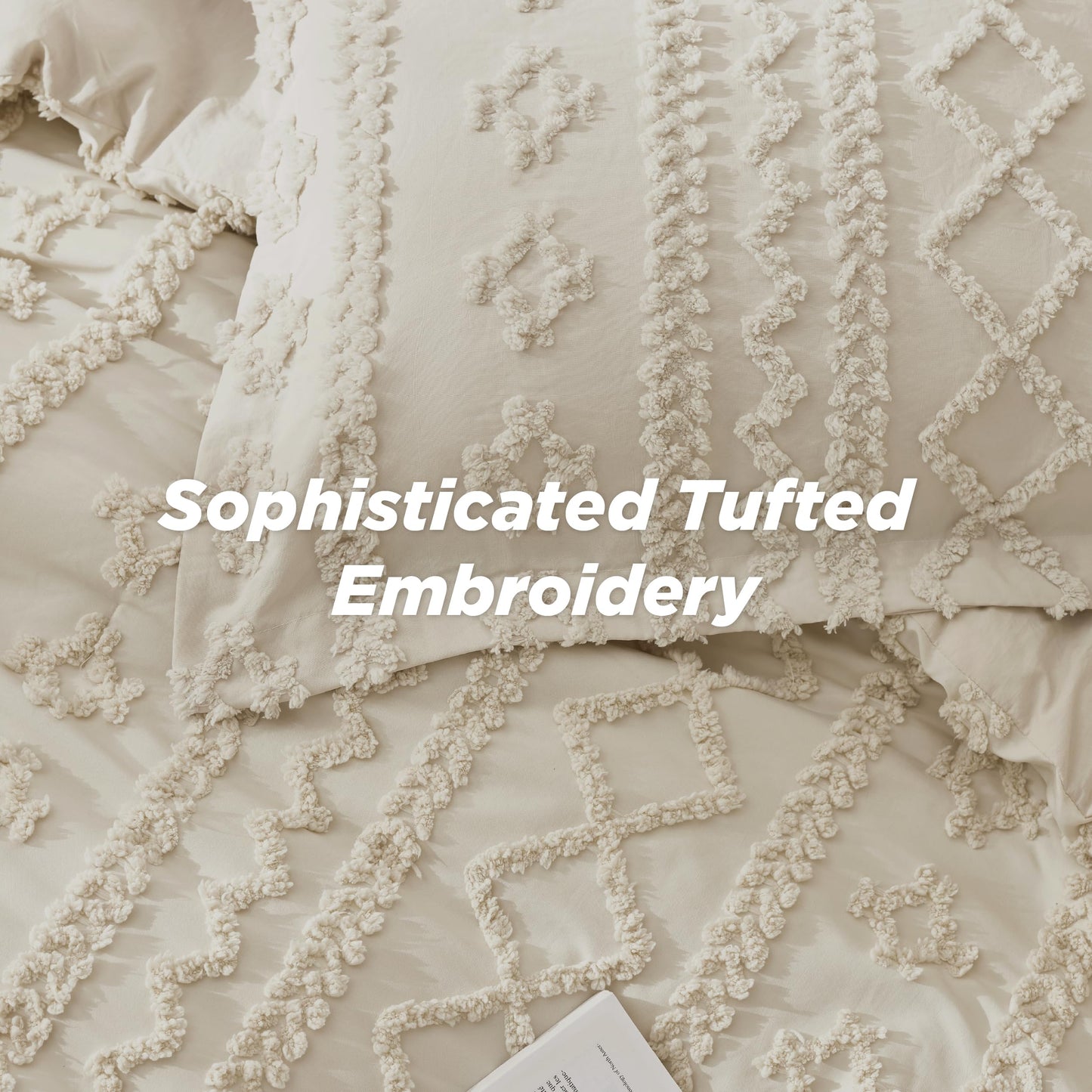 Bedsure Tufted Boho Comforter Set Queen Size - Beige Boho Bed Set, GentleSoft™ 3 Pieces Farmhouse Shabby Chic Embroidery Bedding, Gifts for Woman, Soft Jacquard Queen Comforter for All Seasons