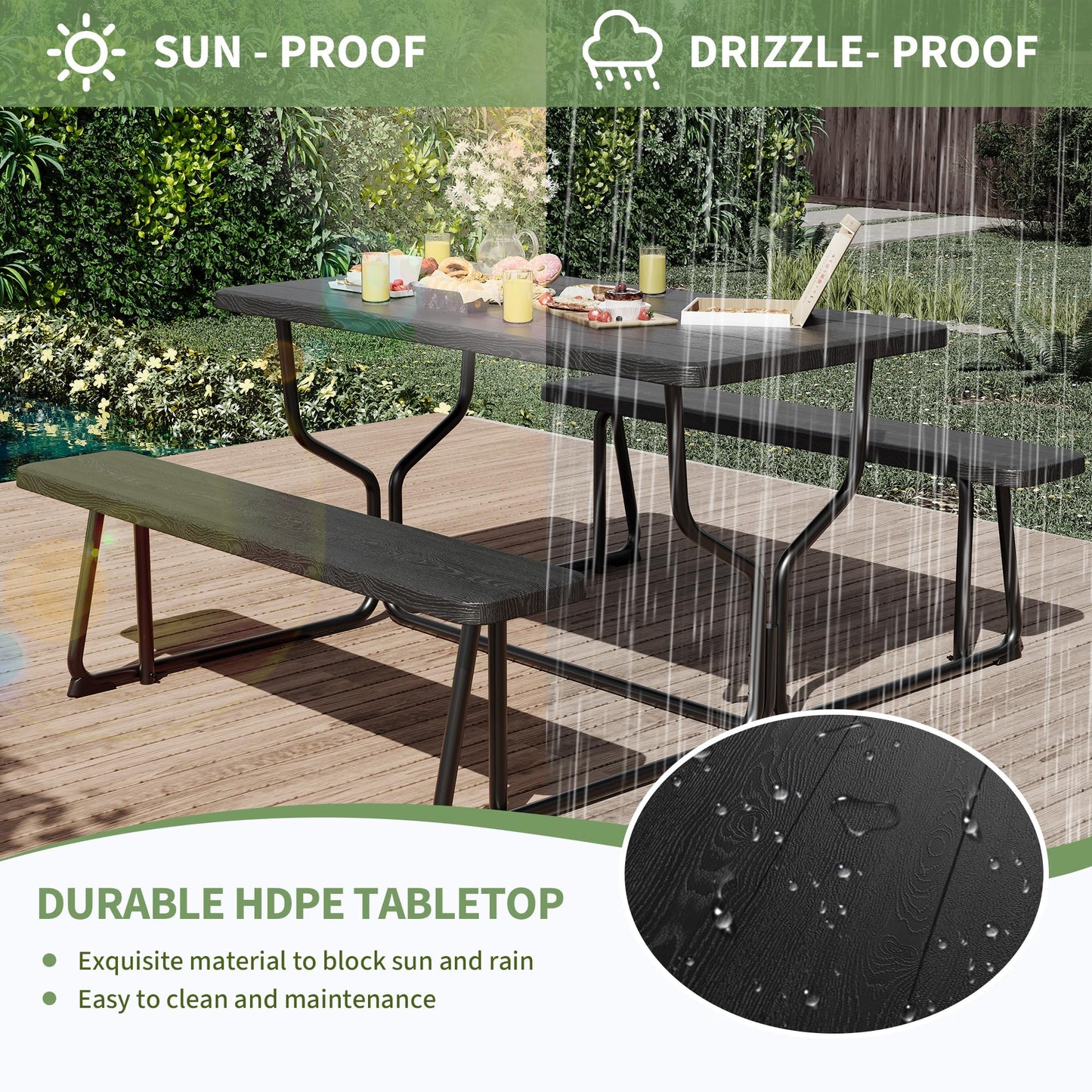 Outdoor Picnic Tables with Benches, Portable Picnic Table with Seats, Plastics Picnic Table Bench Set with Metal Frame, Large Camping Table Chair Set for Patio Deck Lawn Garden Backyard, Black