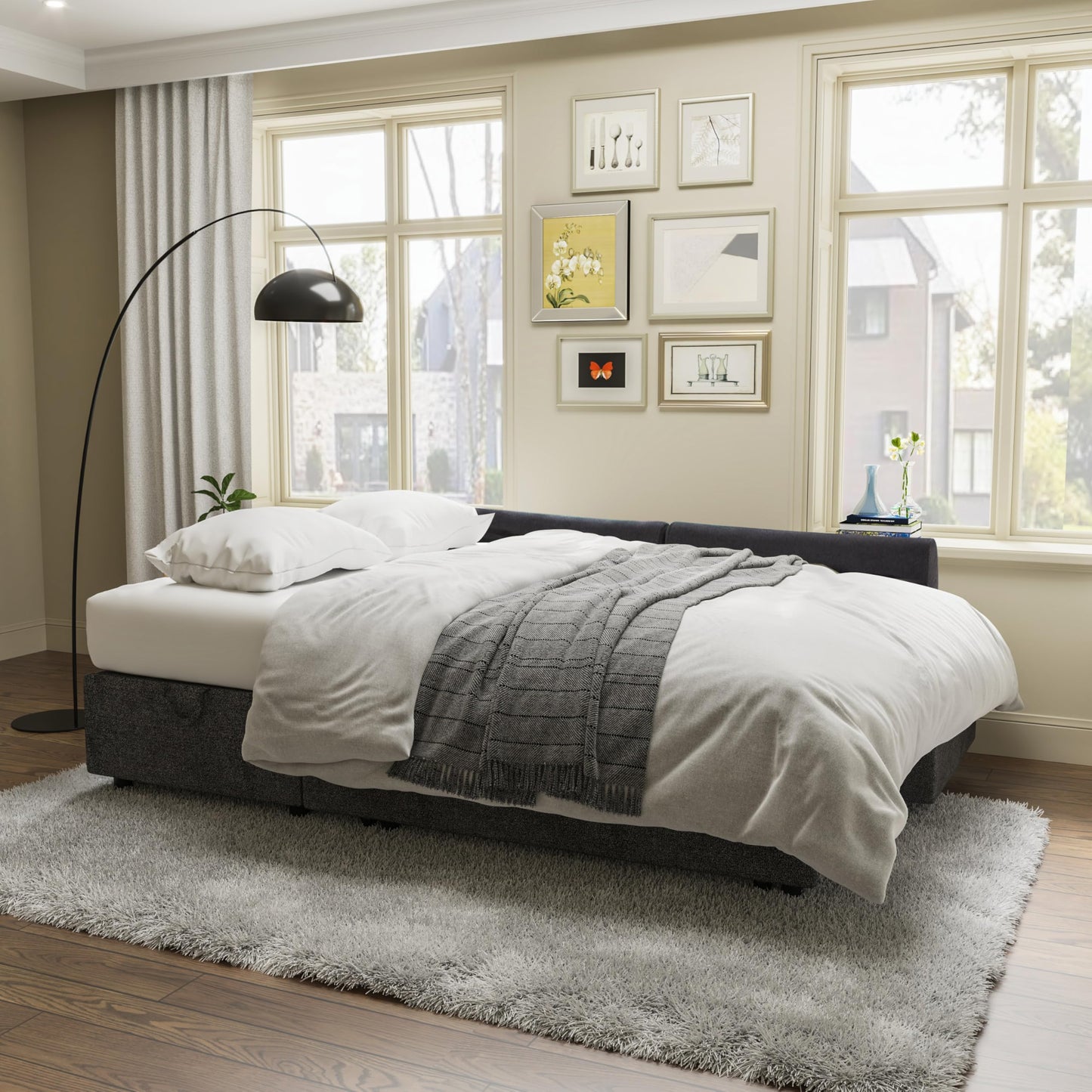 VanAcc Sleeper Sofa, Sofa Bed- 2 in 1 Pull Out Couch Bed with Storage Chaise, Sleeper Couch for Living Room, Grey Linen