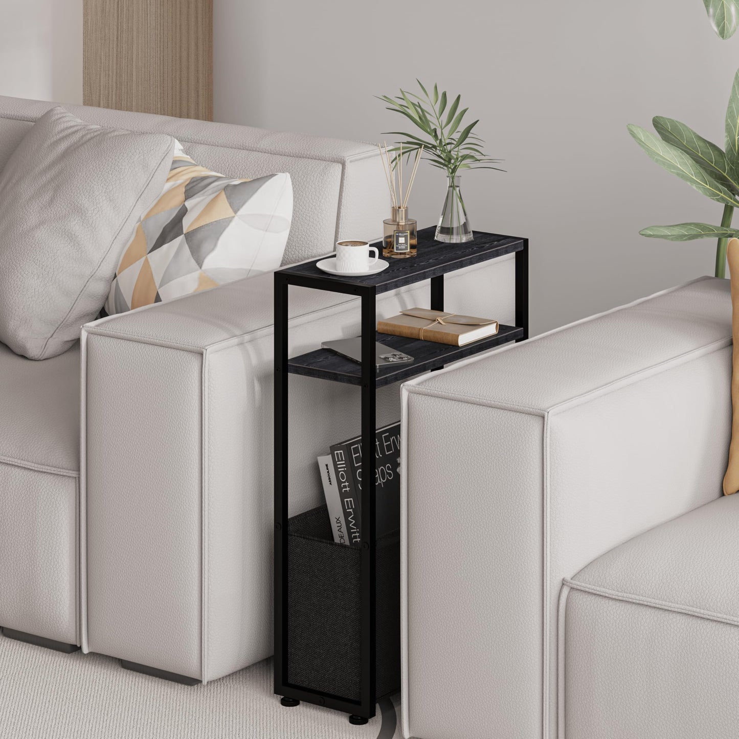 Leomonio Black Side Table, Slim Side Table with Magazine Rack, Bathroom Table for Small Spaces, Narrow Bedside Table for Living Room, Bedroom