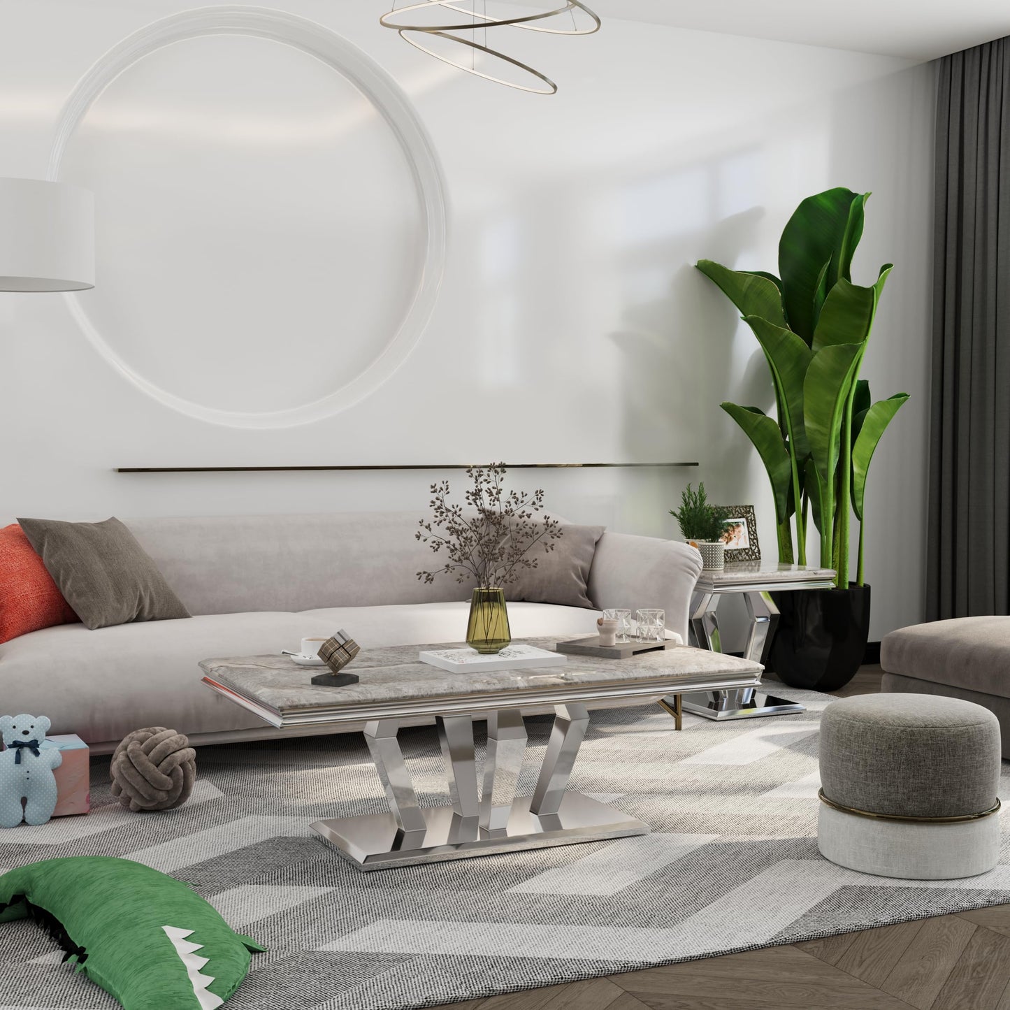 Asday Silver Gray Coffee Table with Four Metal Geometric Legs and 48‘’ High Gloss Top for Living Room, Office, Reception Room