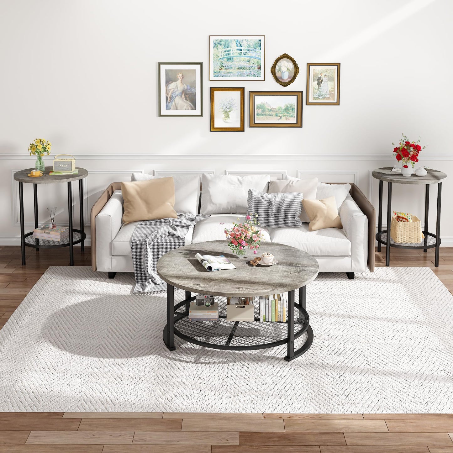 DKLGG Living Room Coffee and End Table Sets, Wooden Modern Rustic Center Table with Two Side Tables, 3 Piece Living Room Coffee Table Set with Storage for Living Room, Apartment (Grey)