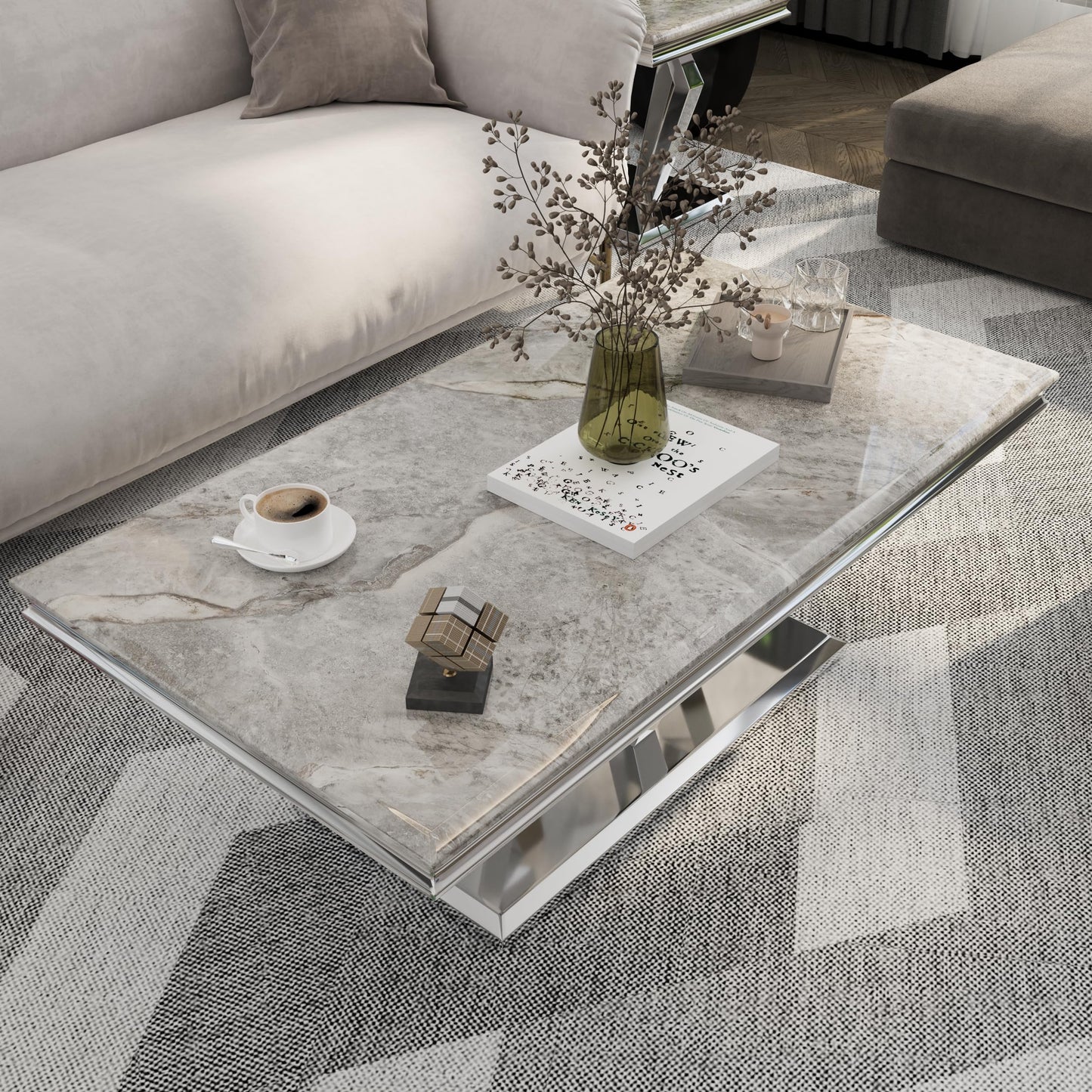 ACEDÉCOR Coffee Table, Silver Coffee Table with Four Geometric Mirror Bases, Rectangular CoffeeTable with Sturdy Metal Frame,48 inches Modern Coffee Table for Living Room, Office, Reception Room