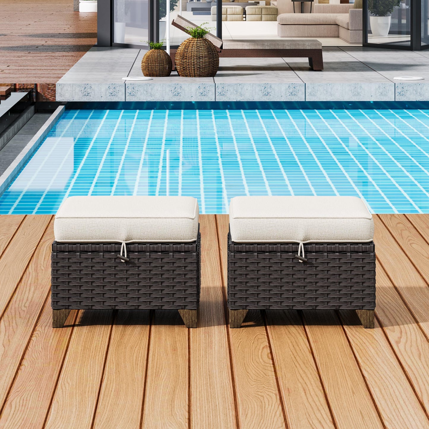 MeetLeisure 2 Pieces Patio Outdoor Ottomans with Removable and Washable Covers，PE Rattan Wicker Footstools for Porch, Garden, Sunroom (Beige)