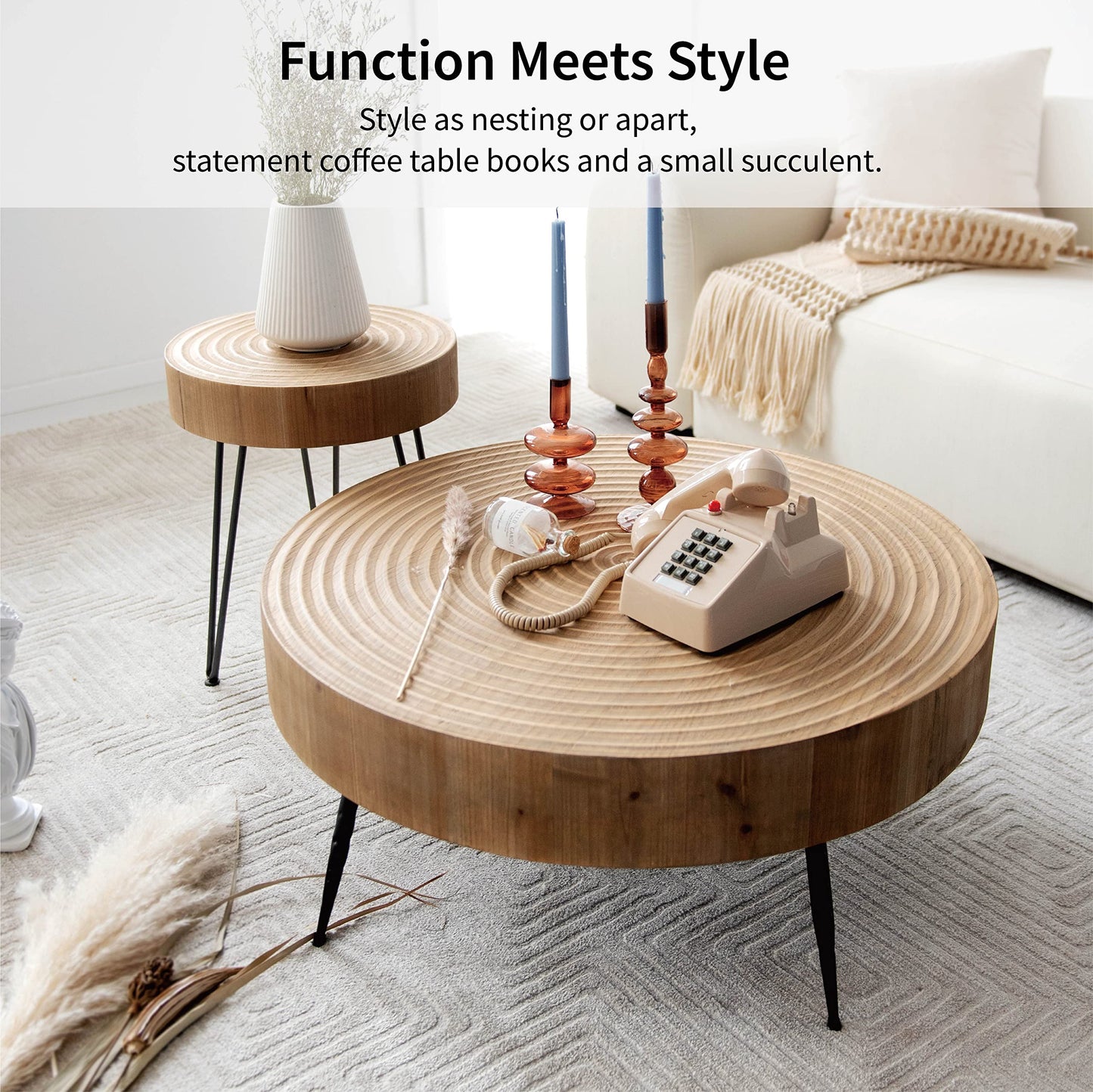 LONYKE 2-Piece Boho Farmhouse Nesting Table with Handcrafted Wood Ring Motif, Round Natural Finish Coffee Table Set for Living Room, French Country Decor, Round