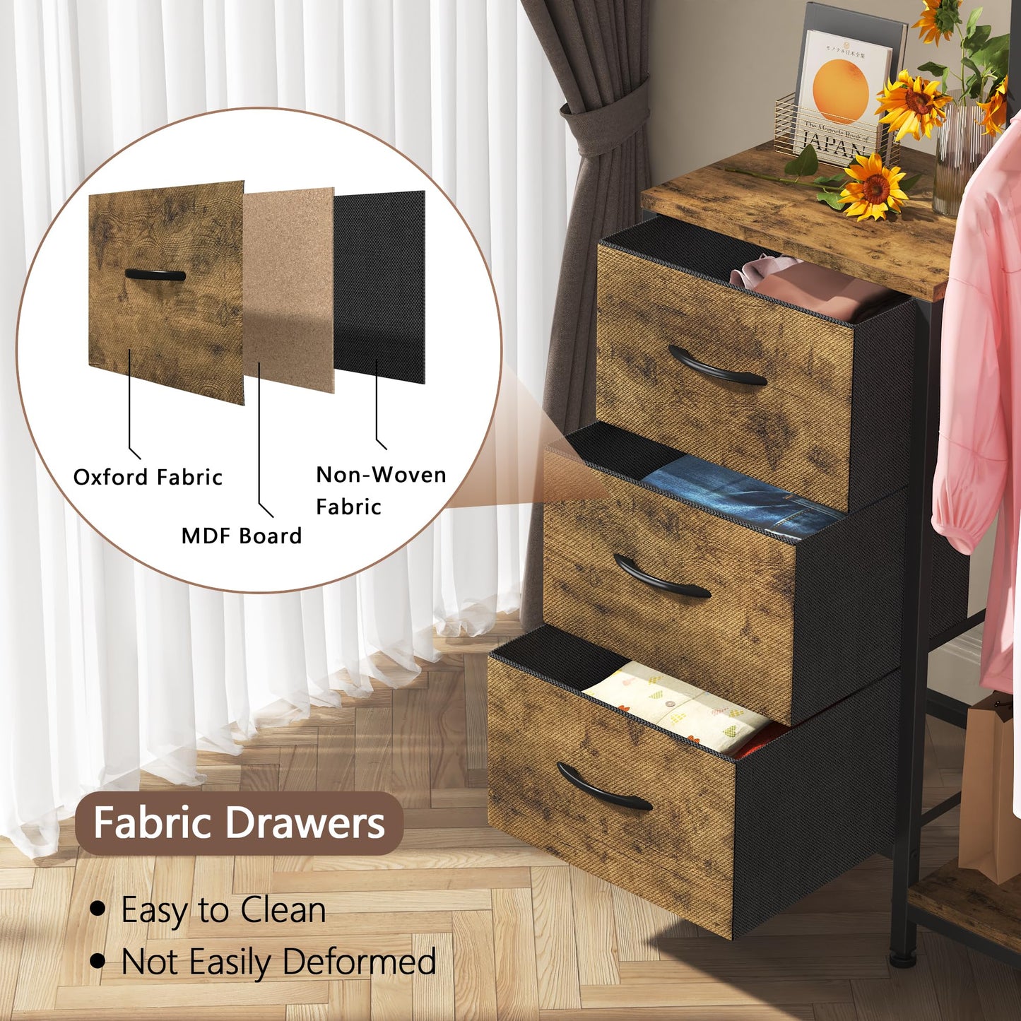 AFLUI Dresser for Bedroom with Hanging Rack, 3 Drawers Dresser for Bedroom - Rustic Brown