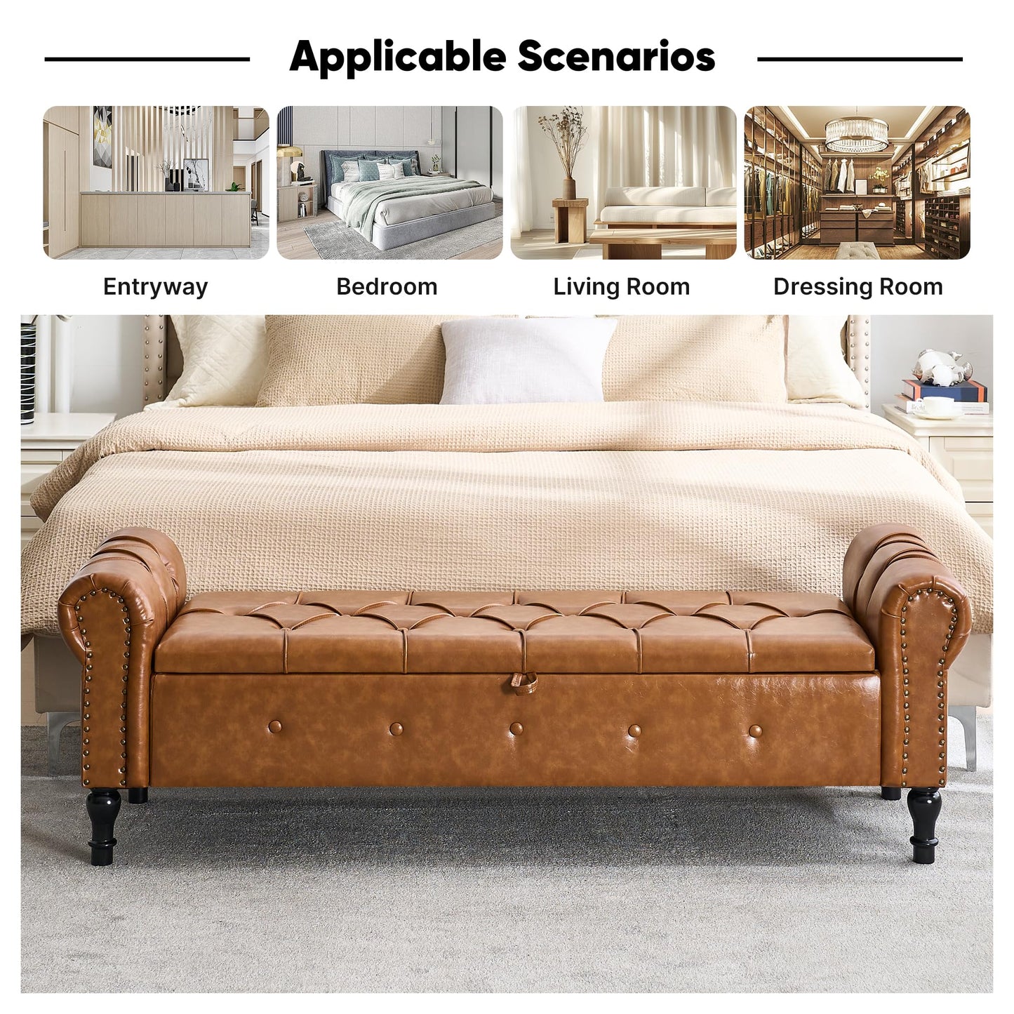 HOMYKA Storage Bench for Bedroom, Faux Leather 67" End of Bed Bench, King Size Bench with Arms, Tufted Storage Ottoman Benches, Upholstered Bench for Bedroom, Living Room, Entryway, Brown