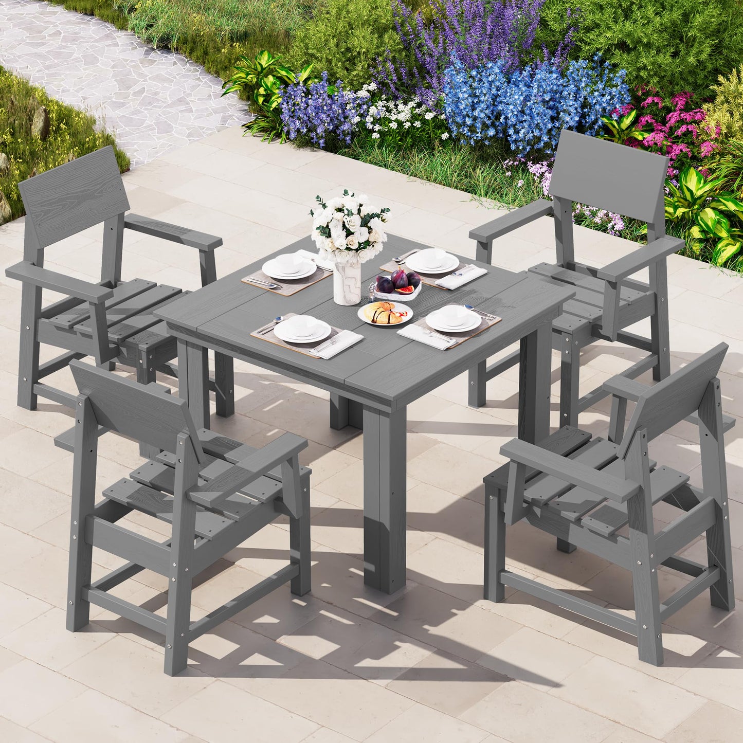 SERWALL HDPE Outdoor Dining Set, Patio Table and Chairs Set All Weather Patio Dining Set for 4, 5-Piece Patio Dining Furniture for Deck, Garden, Backyard, Gray