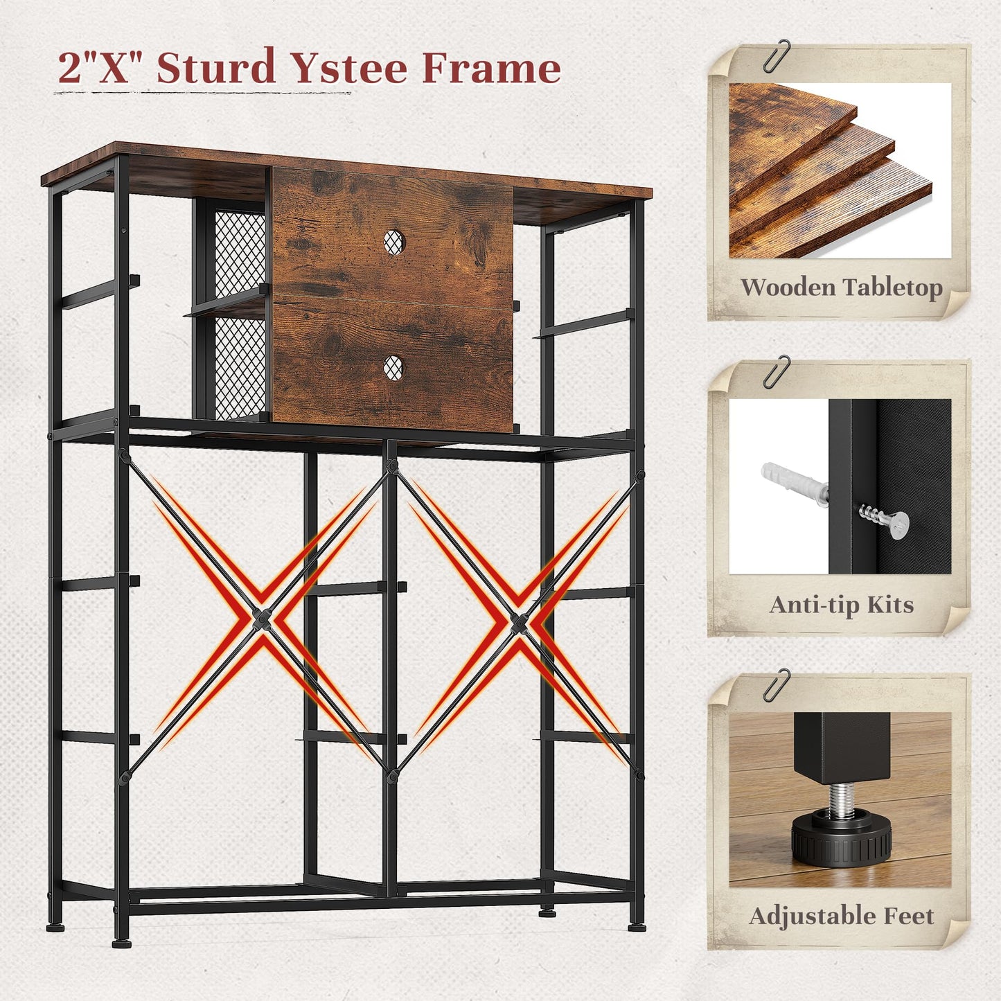 Romorgniz Tall Dressers for Bedroom with 10 Drawers, Chests of Drawers with Large Metal Mesh Door, Closet, Hallway, Rustic Brown 48.2" H x 38.1" W x 11.8" D