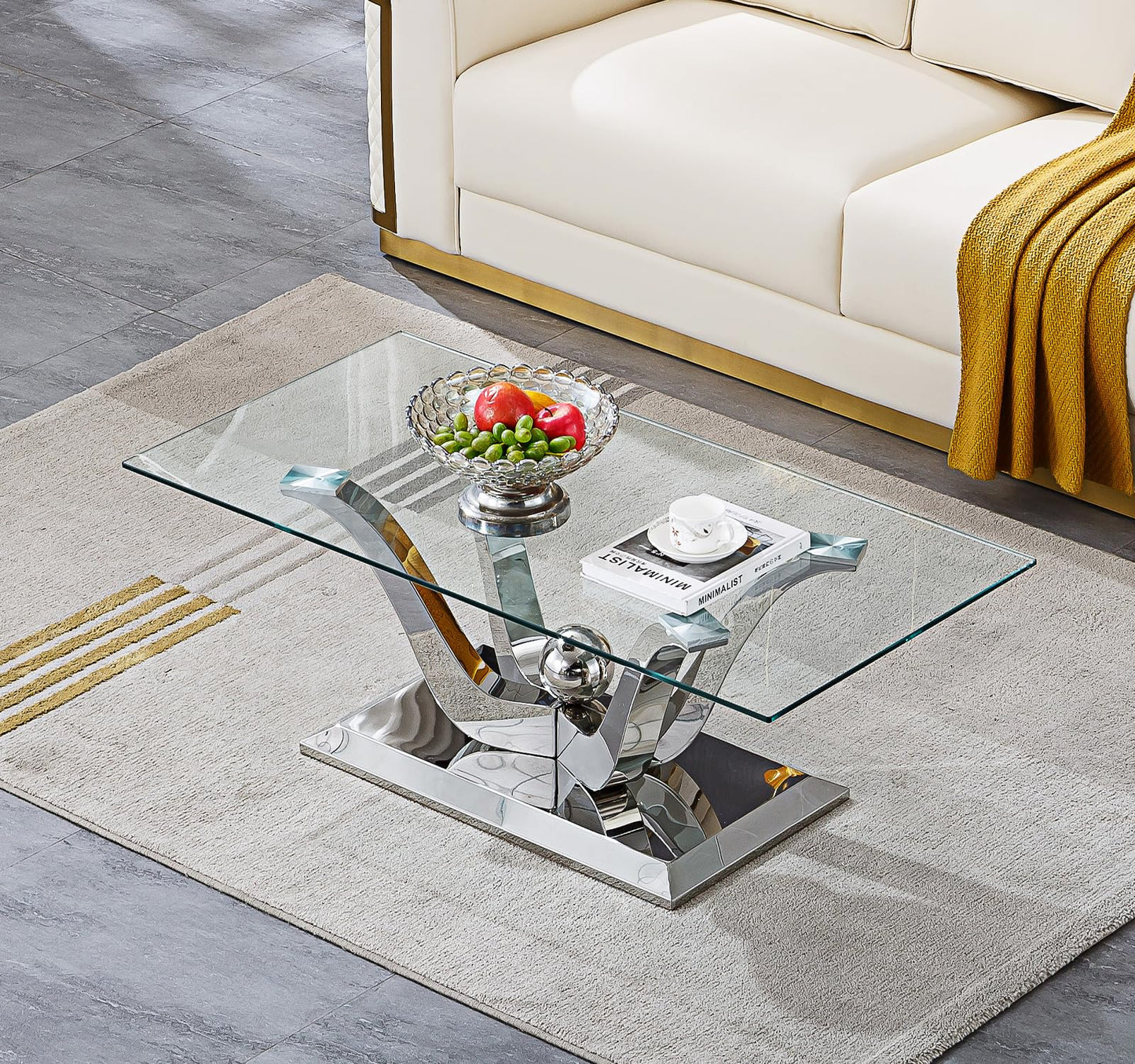 Luxury Silver Glass Coffee Table,47-inch Modern Coffee Table for Living Room,Rectangle Glass Center Table w/Stainless Steel Flower-Shape Base,Tempered Glass Accent Table for Bedroom Home Office