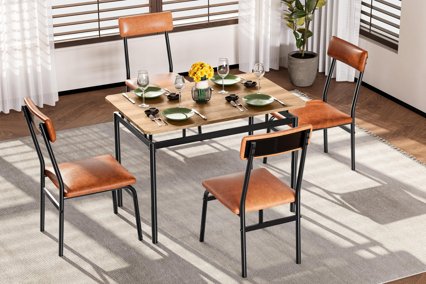 GarveeHome 5 Piece Dining Table Set, Wooden Kitchen Table Set with 4 PU Upholstered Chair, Industrial Metal Frame Dinette Set for Dining Room, Home Dinner, Party, Apartment, Brown